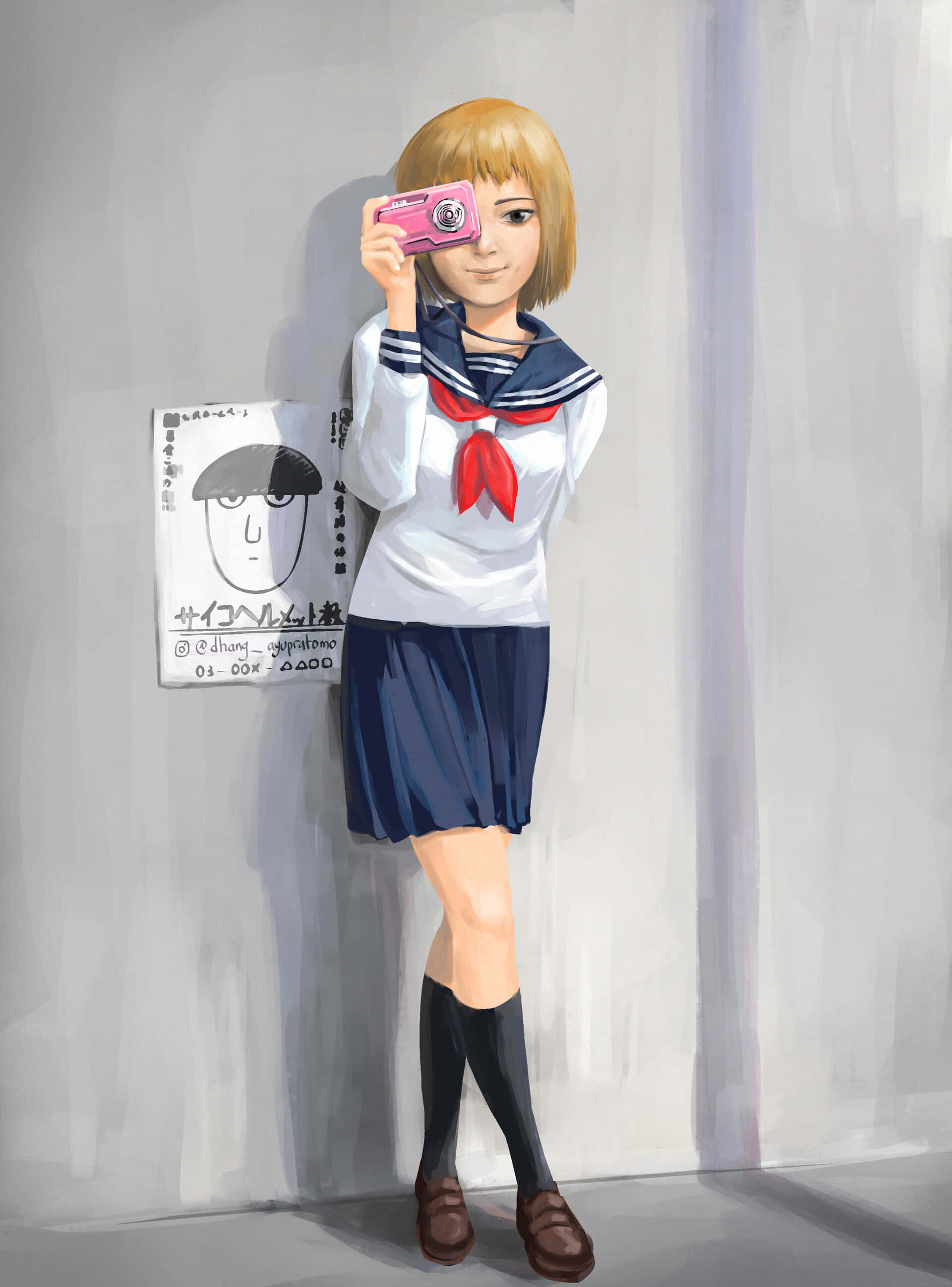 Ichi Mezato, sailor uniform, pink camera, 2K Phone Wallpaper