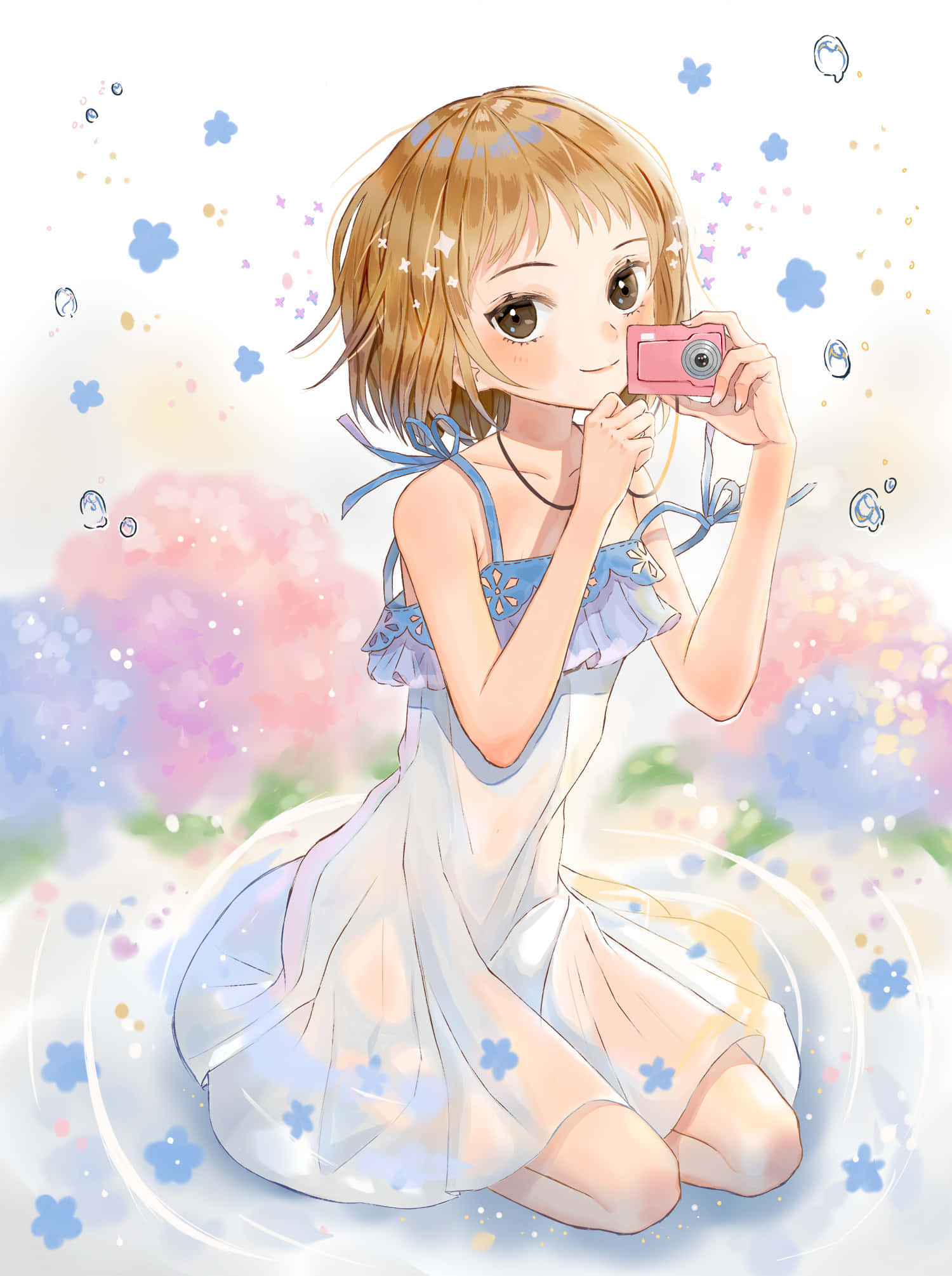 Ichi Mezato, pink camera, blue flowers, Full HD Phone Wallpaper