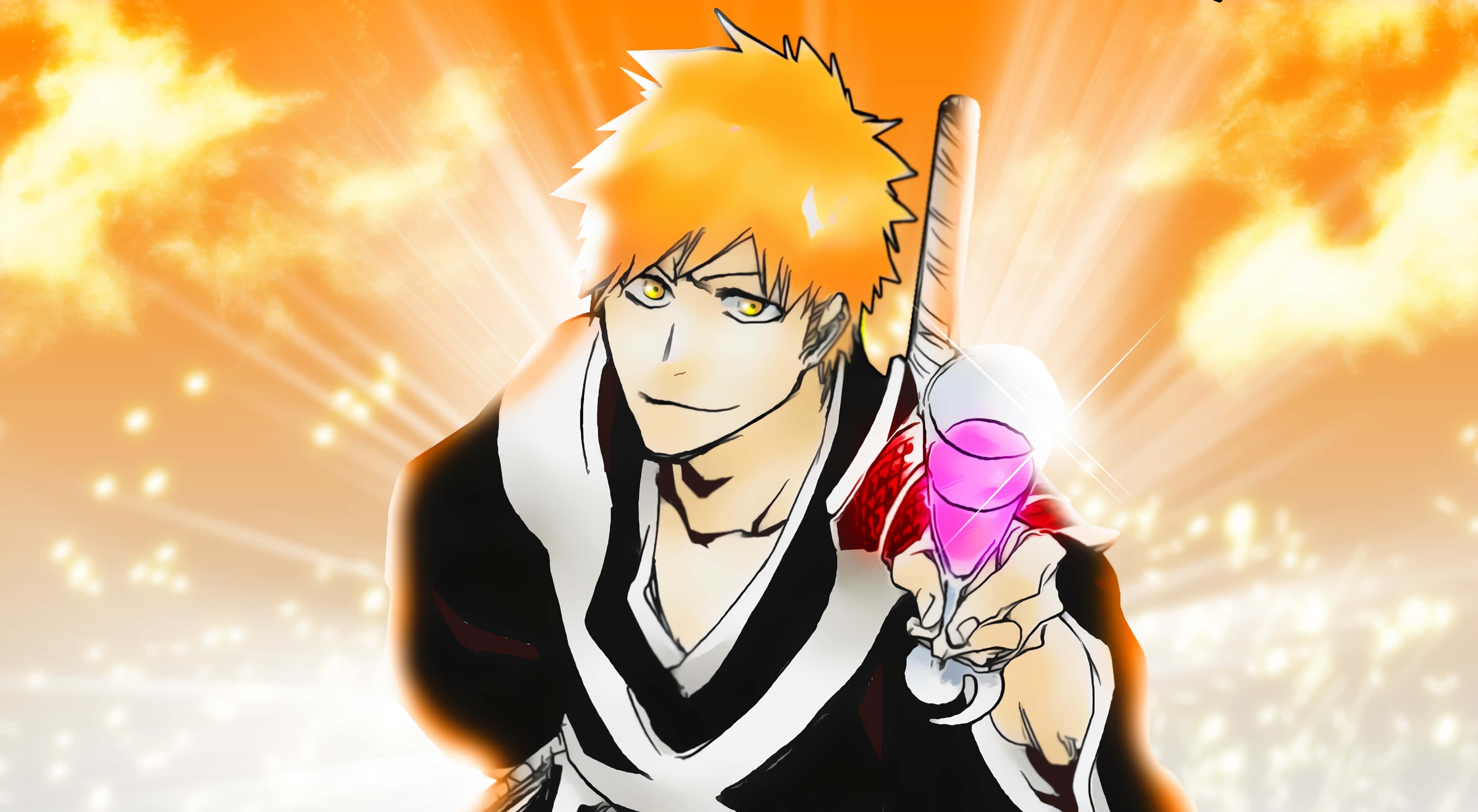 Ichigo, spiky orange hair, glowing pink sword, 4K Desktop Wallpaper
