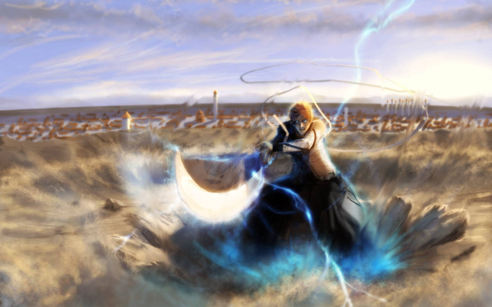 Ichigo Bankai, blue lightning, fiery-haired anime warrior, HD Desktop Wallpaper