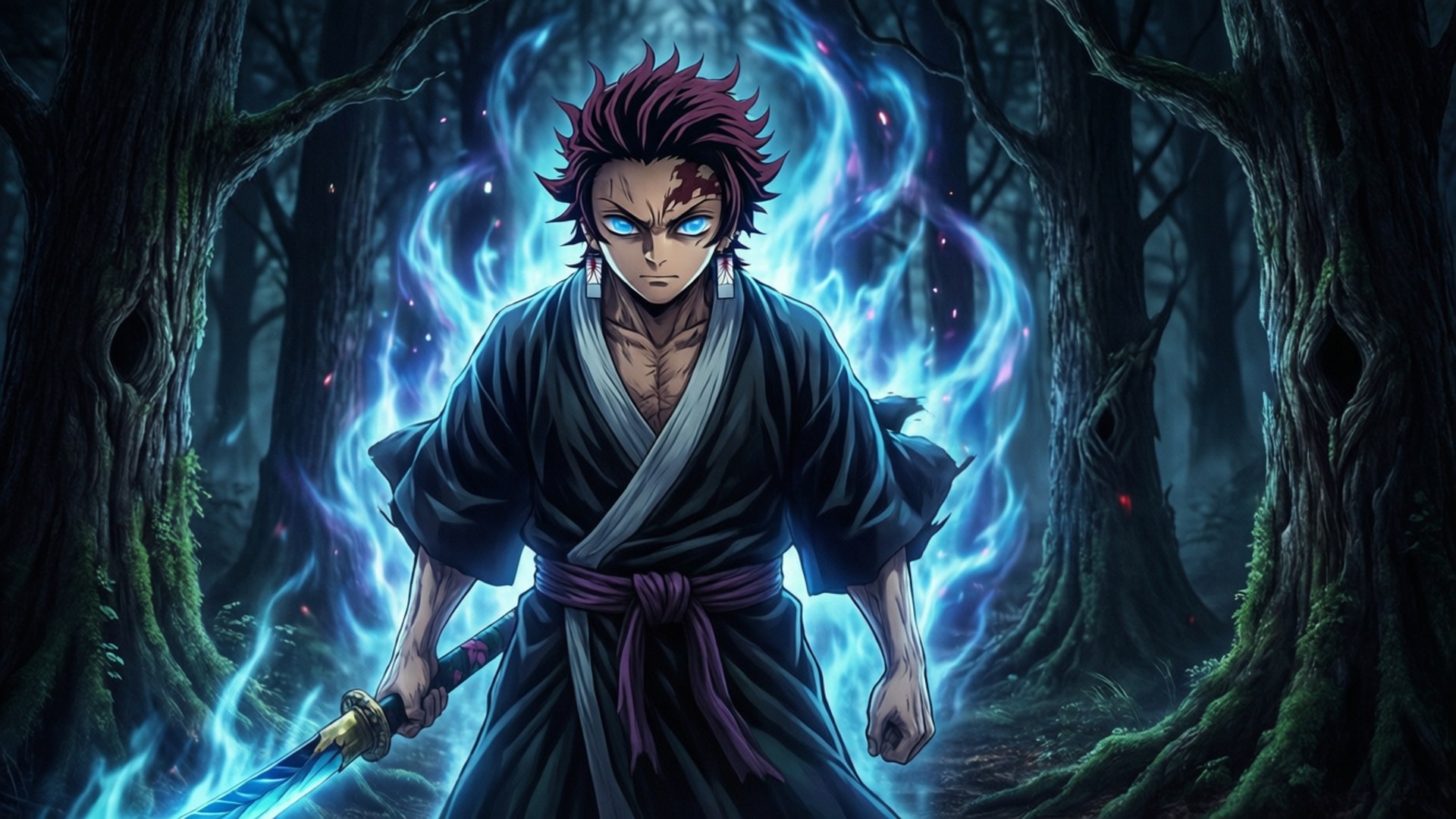 Forest Night Bankai, spiky red hair, glowing blue eyes, Full HD Desktop Wallpaper