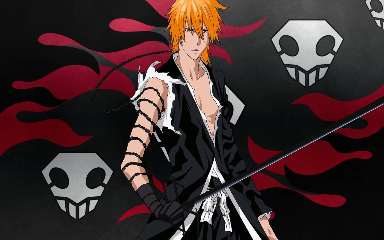 Ichigo Bankai, spiky orange hair, black outfit, HD Desktop Wallpaper
