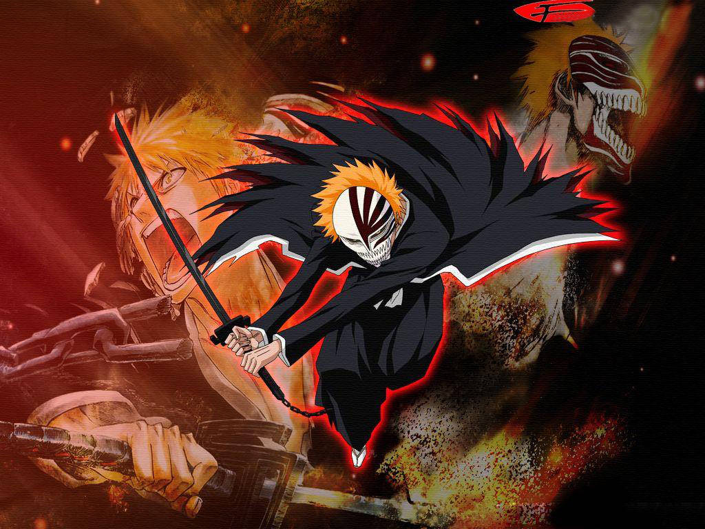Ichigo Bankai, skull mask, spiky orange hair, SD Desktop Wallpaper