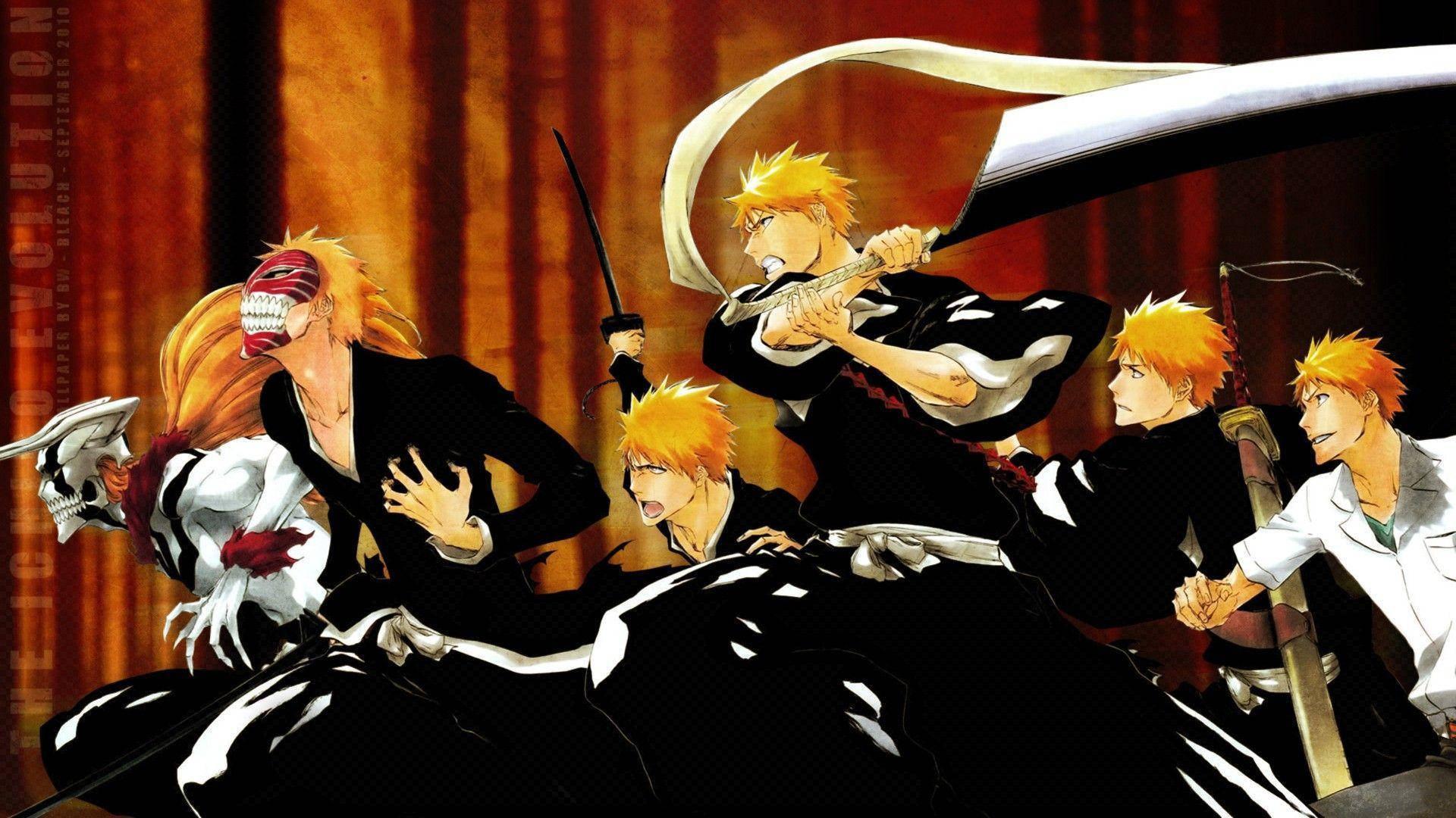 Ichigo Bankai, orange hair, dynamic combat poses, Full HD Desktop Wallpaper