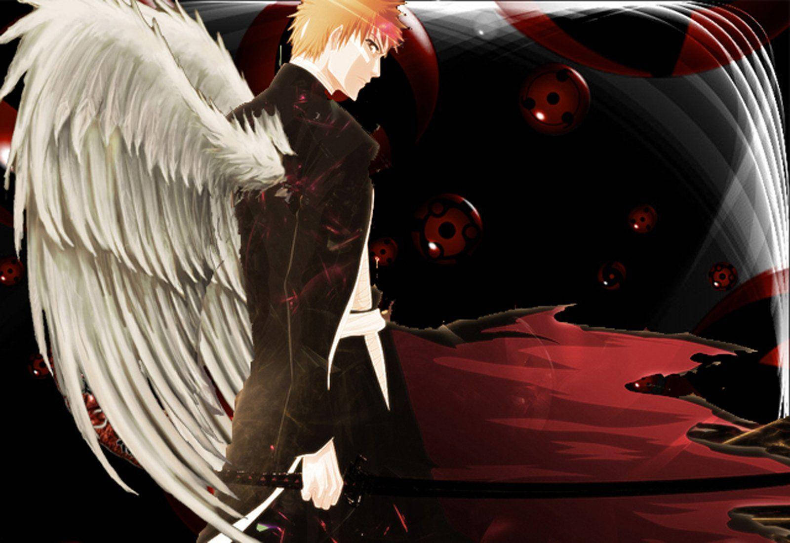Ichigo Bankai, white angel wings, dark red and black swirling background, HD Desktop Wallpaper