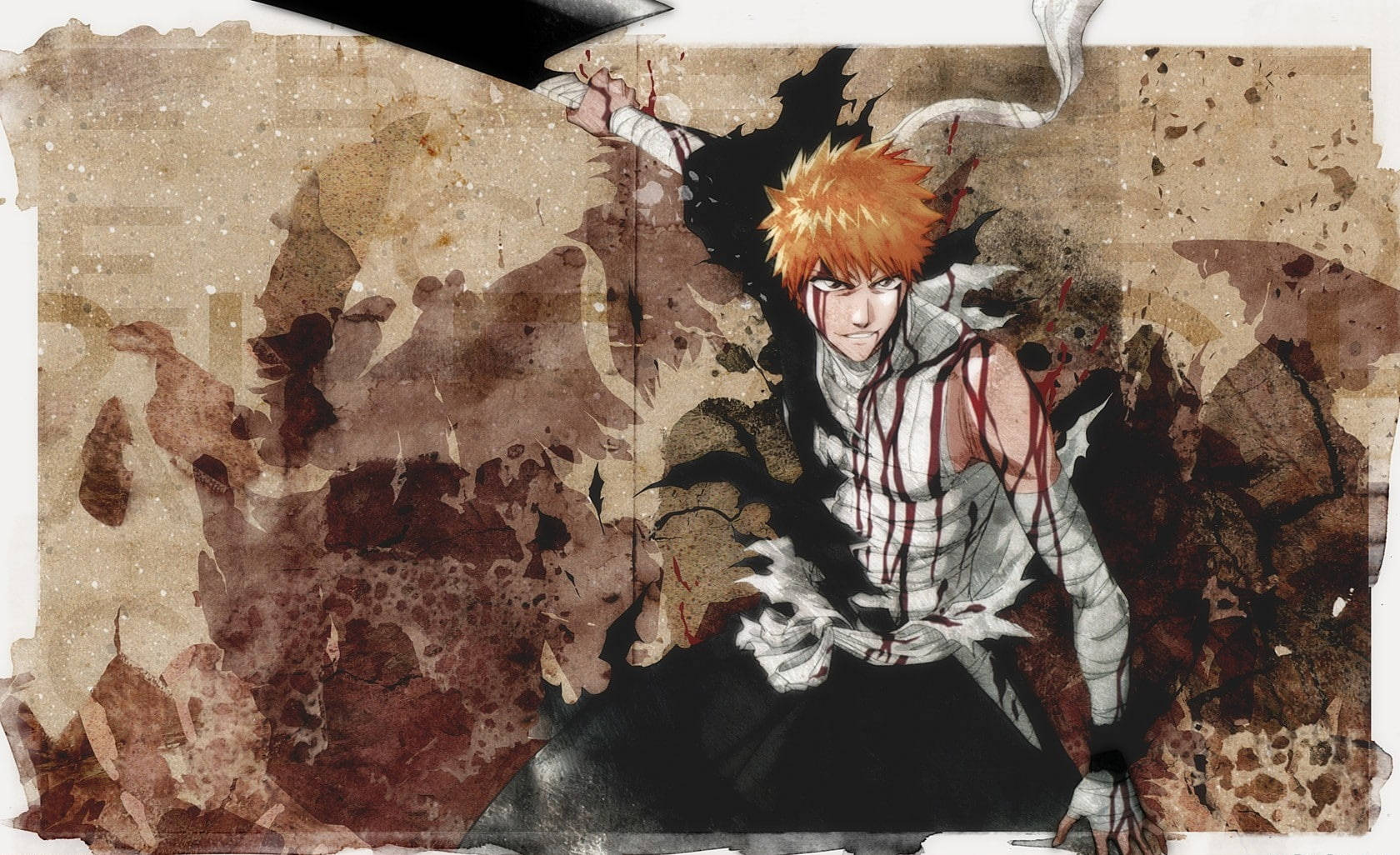 Ichigo Bankai, spiky orange hair, bloodied white attire, HD Desktop Wallpaper