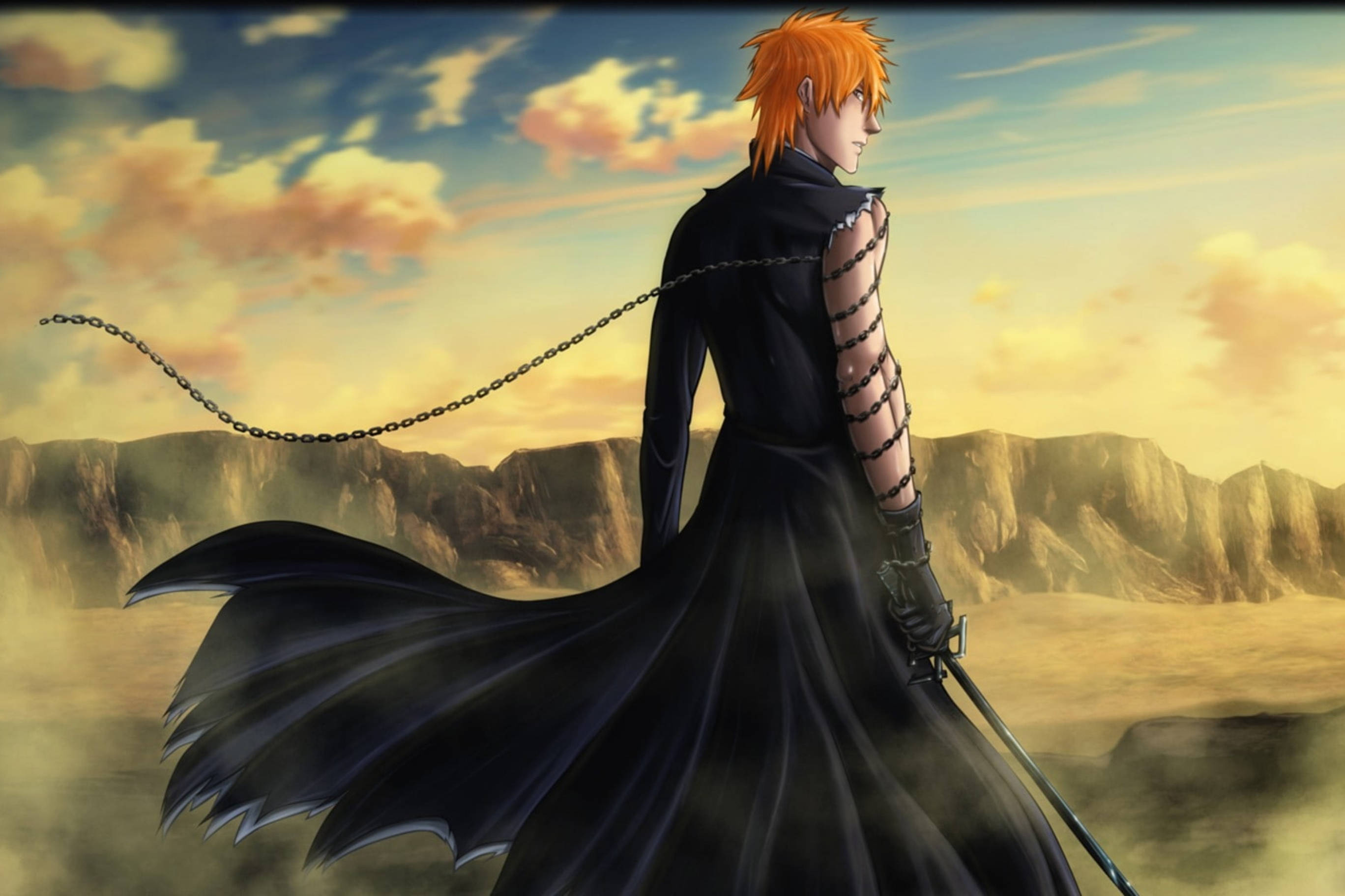 Ichigo Bankai, orange hair, black coat, 2K Desktop Wallpaper