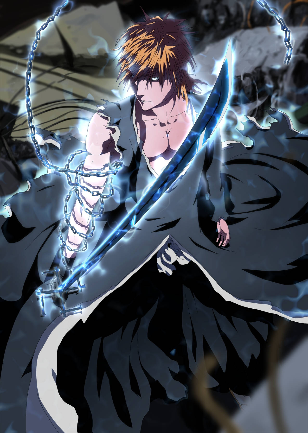 Ichigo Bankai, glowing blue sword, electric chains, HD Phone Wallpaper