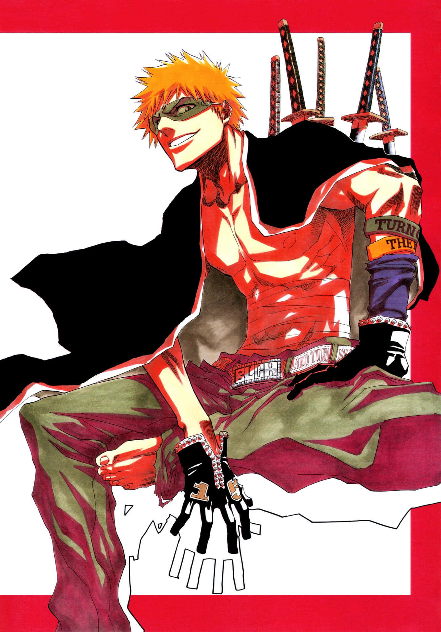 anime warrior, spiky orange hair, black eye mask, Full HD Phone Wallpaper