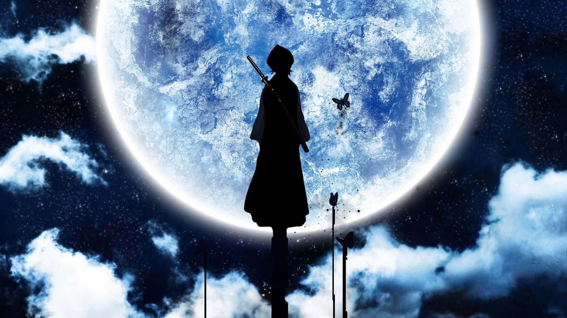 Ichigo Kurosaki, glowing moon, butterflies, Full HD Desktop Wallpaper