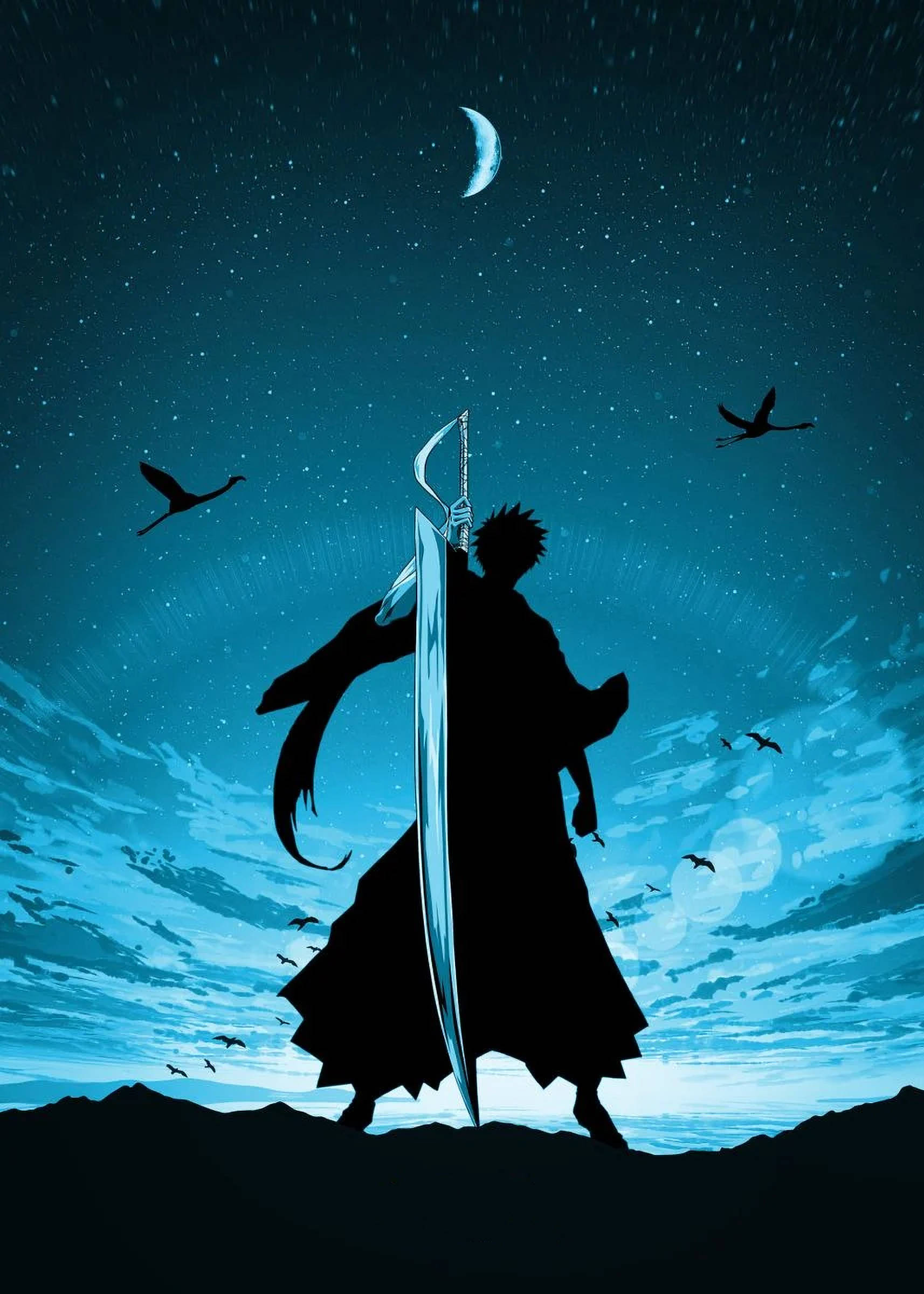 Ichigo, silhouette, starry night sky, Full HD Phone Wallpaper