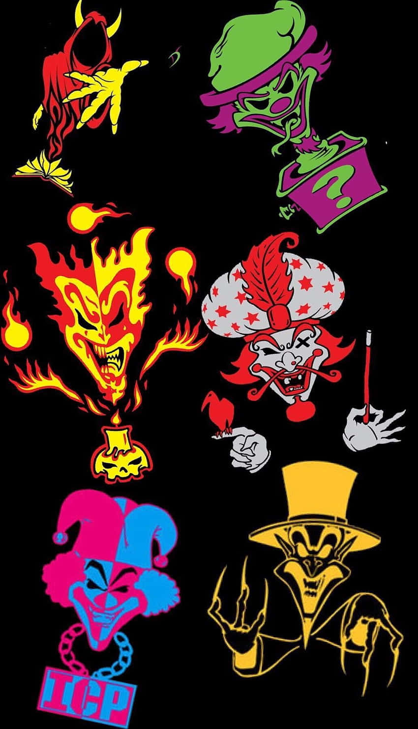 I C P, animated clown characters, neon, HD Phone Wallpaper