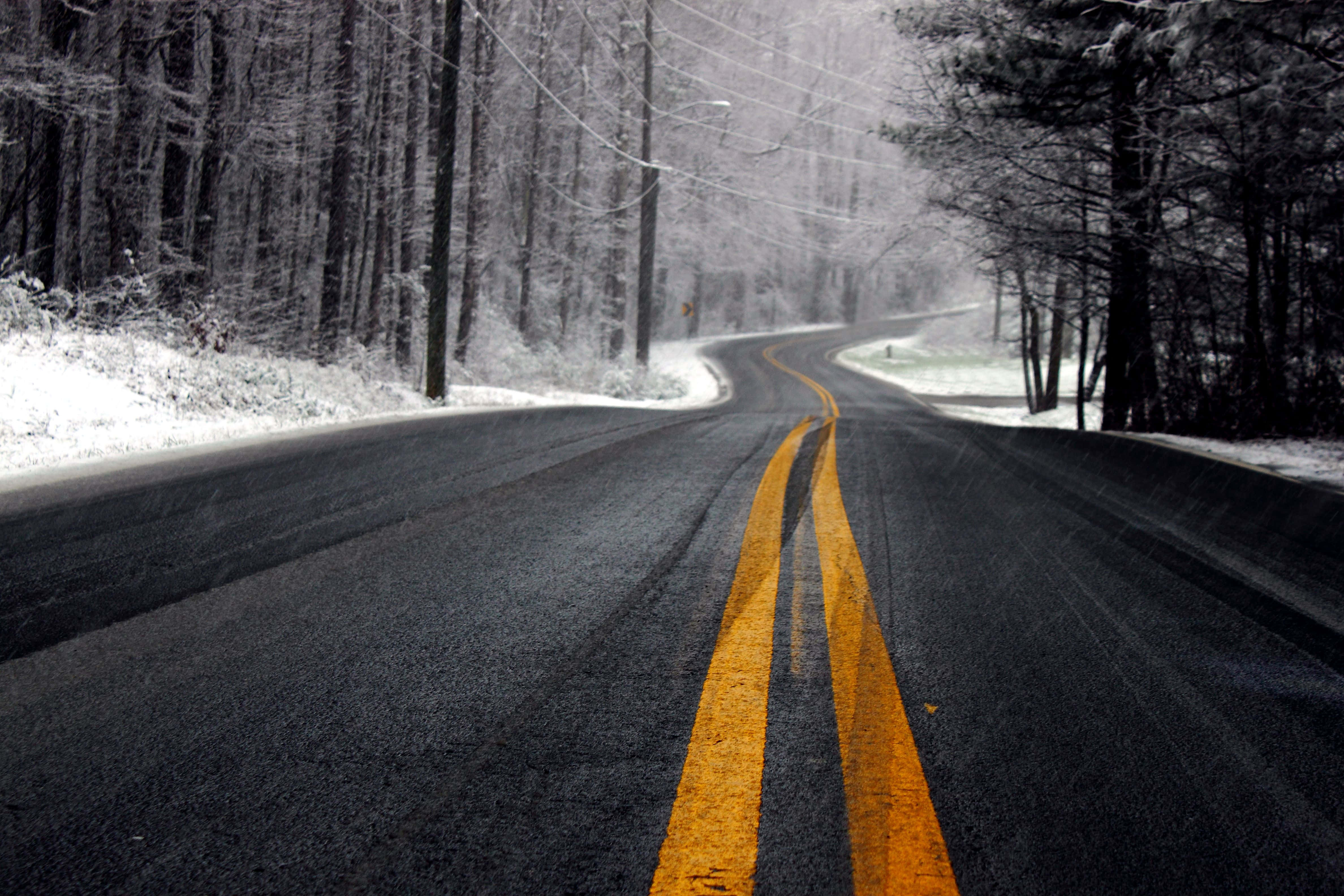 icy road, winter road, snow-covered forest, 4K Desktop Wallpaper