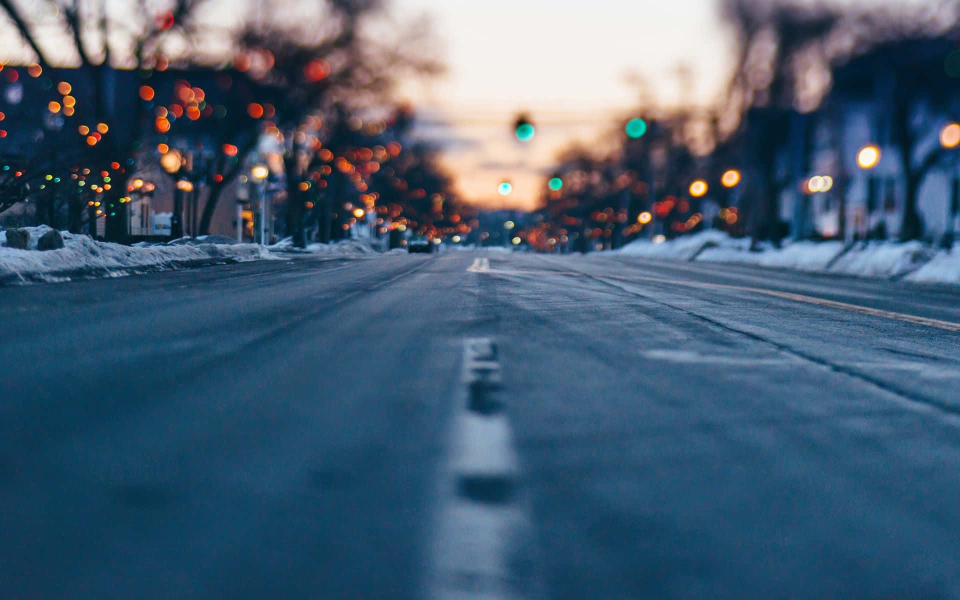 Icy Road, snowy urban street, dusk, Full HD Desktop Wallpaper