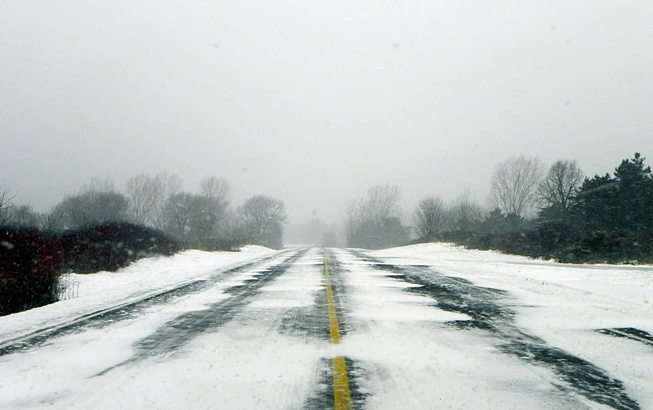 Icy Road, snow-blanketed road, foggy winter landscape, HD Desktop Wallpaper