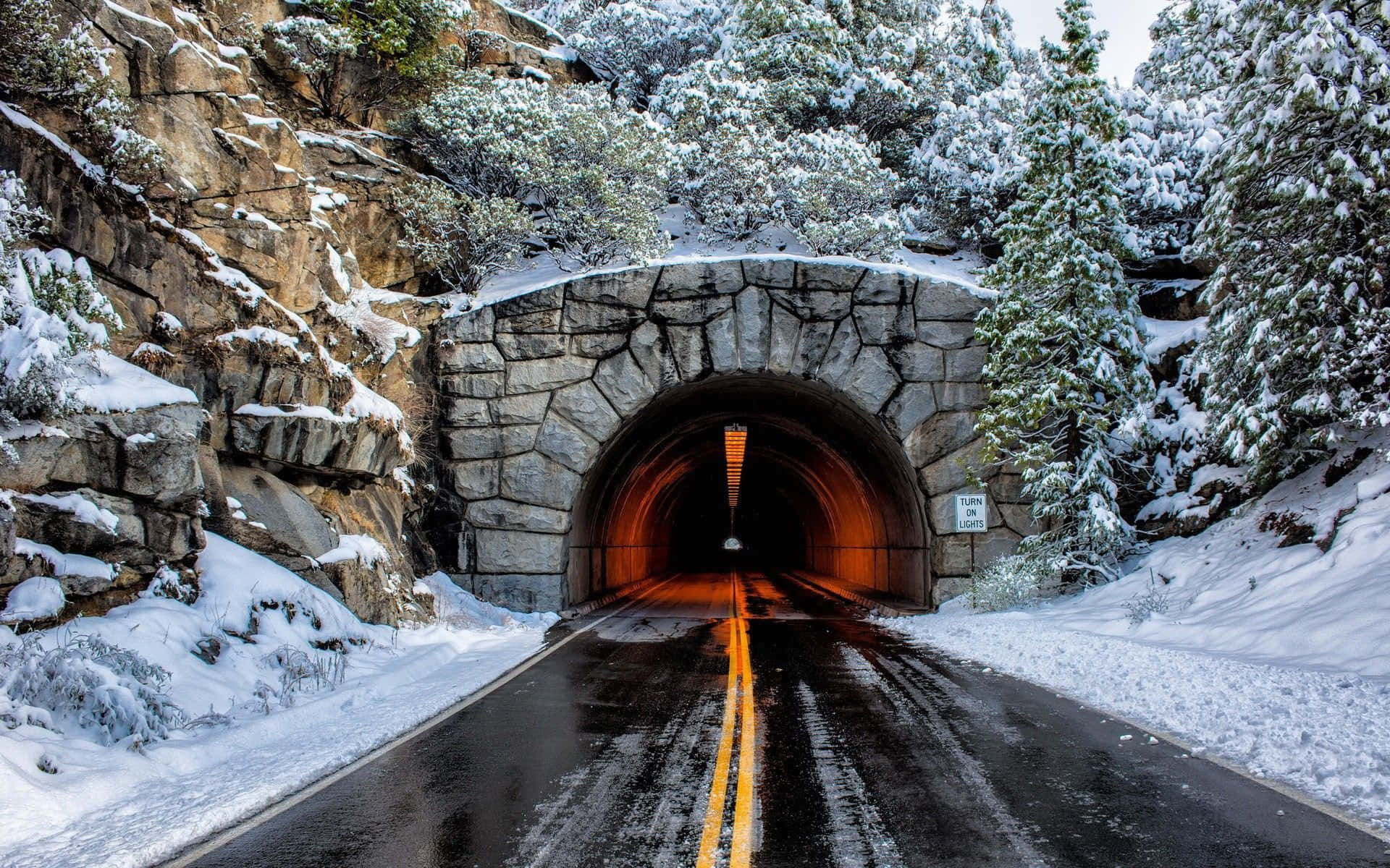 Icy Road, snowy mountain road, stone tunnel, Full HD Desktop Wallpaper