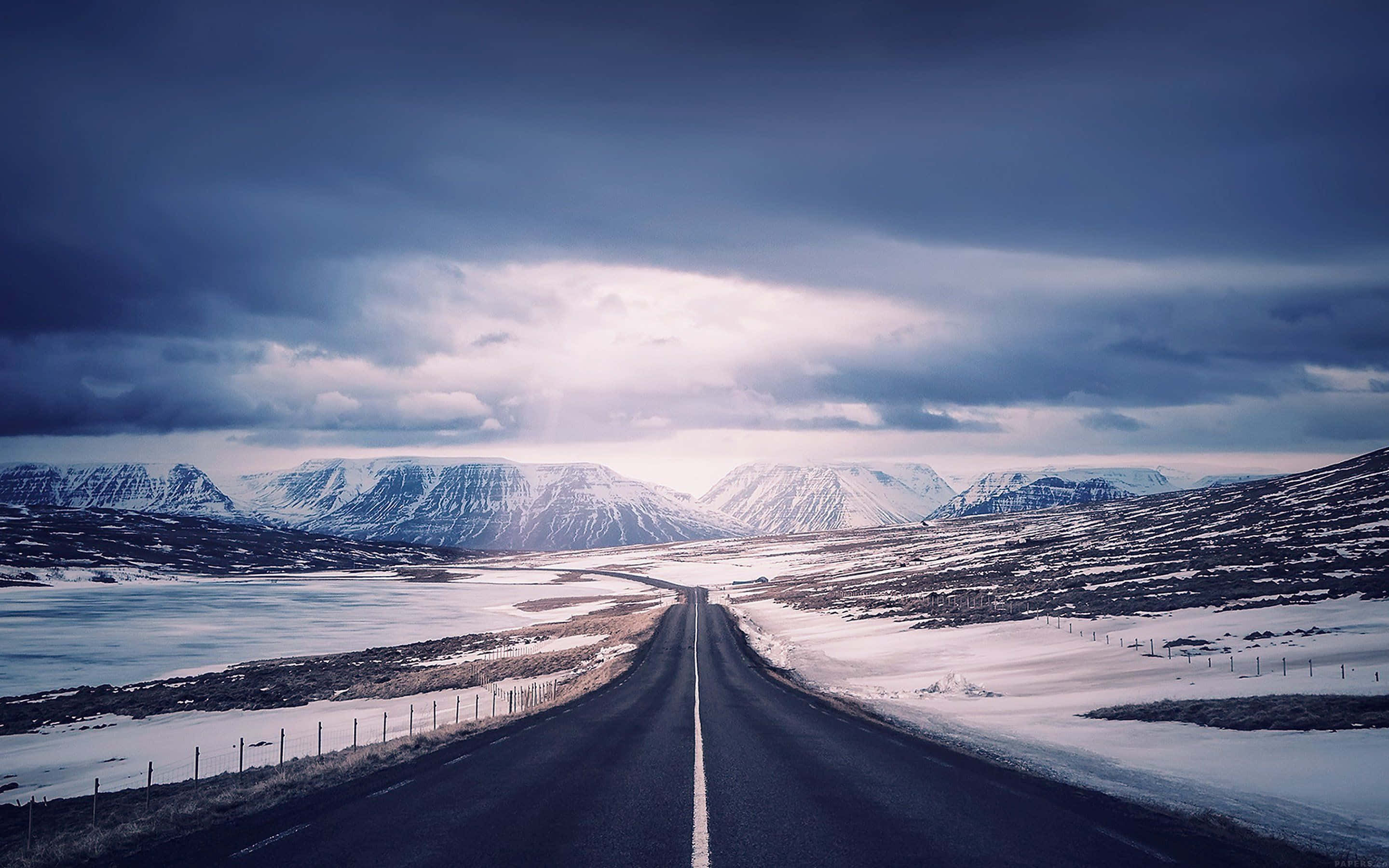 icy road, asphalt road, snow-capped mountains, 2K Desktop Wallpaper