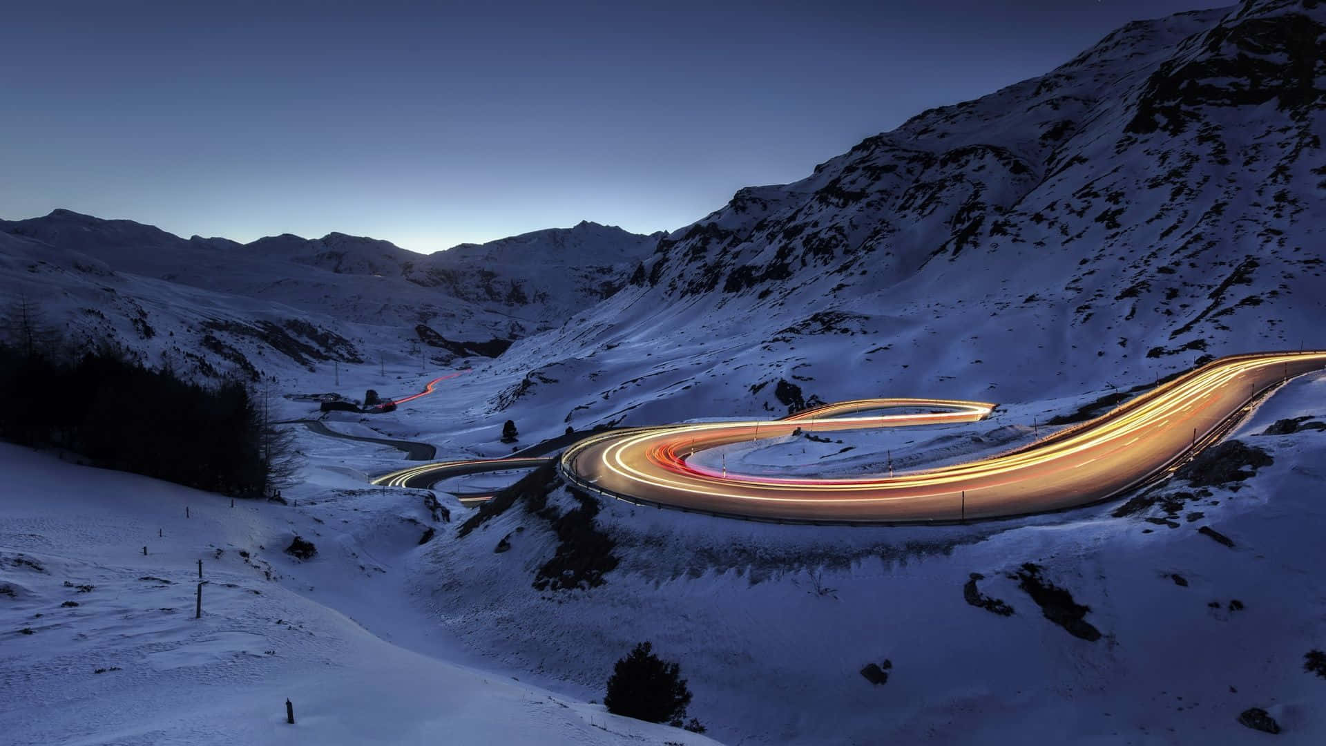 Snowy Road, winding mountain road, dusk, Full HD Desktop Wallpaper