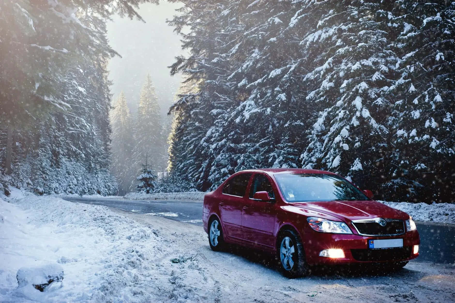 red sedan, snow-covered pine trees, snowy forest road, HD Desktop Wallpaper