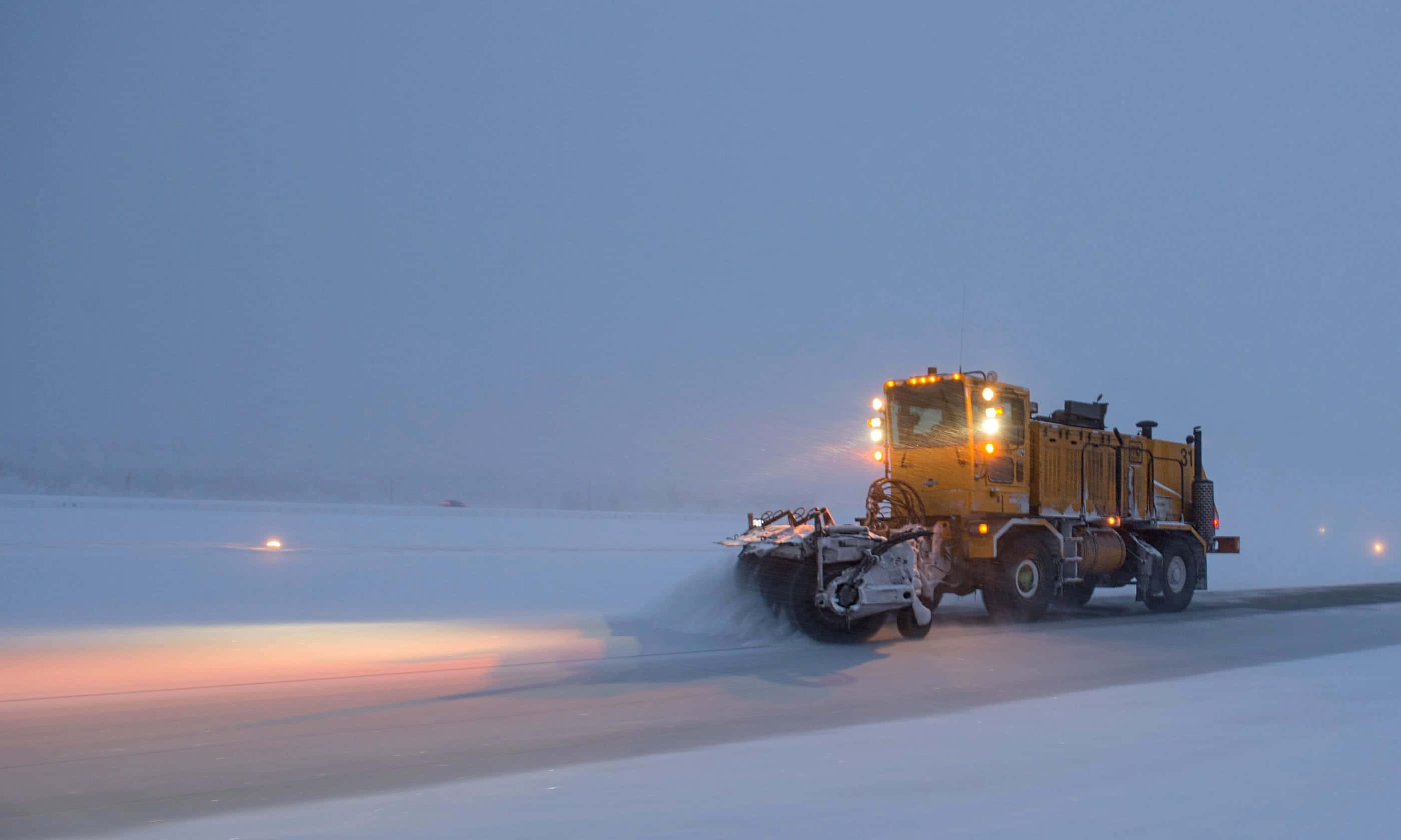 Snowplow 2800 x 1680, yellow snowplow, snow-covered road, 2K Desktop Wallpaper