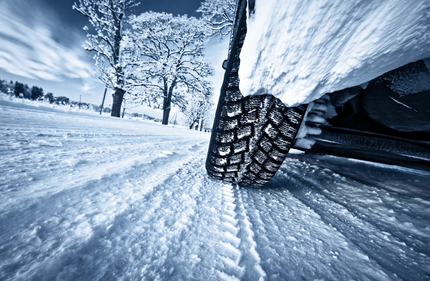 snow-covered car tire, snowy road, snow-laden trees, HD Desktop Wallpaper