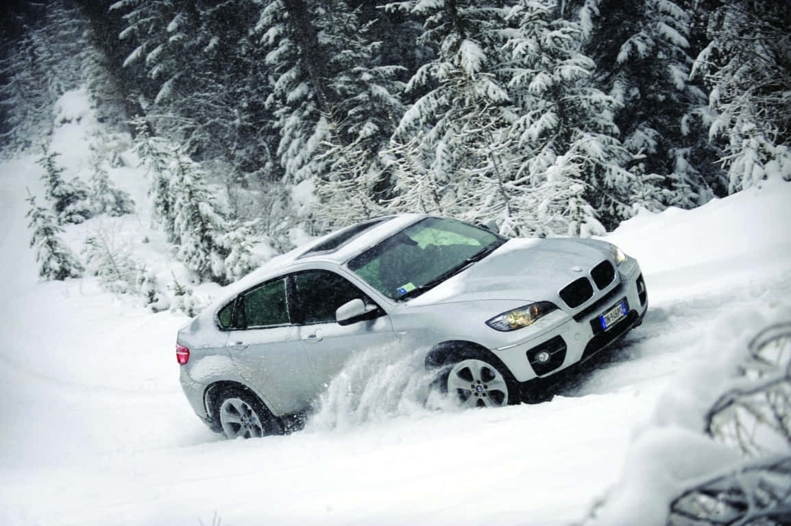 silver BMW X6, snow-covered road, snowy forest, SD Desktop Wallpaper