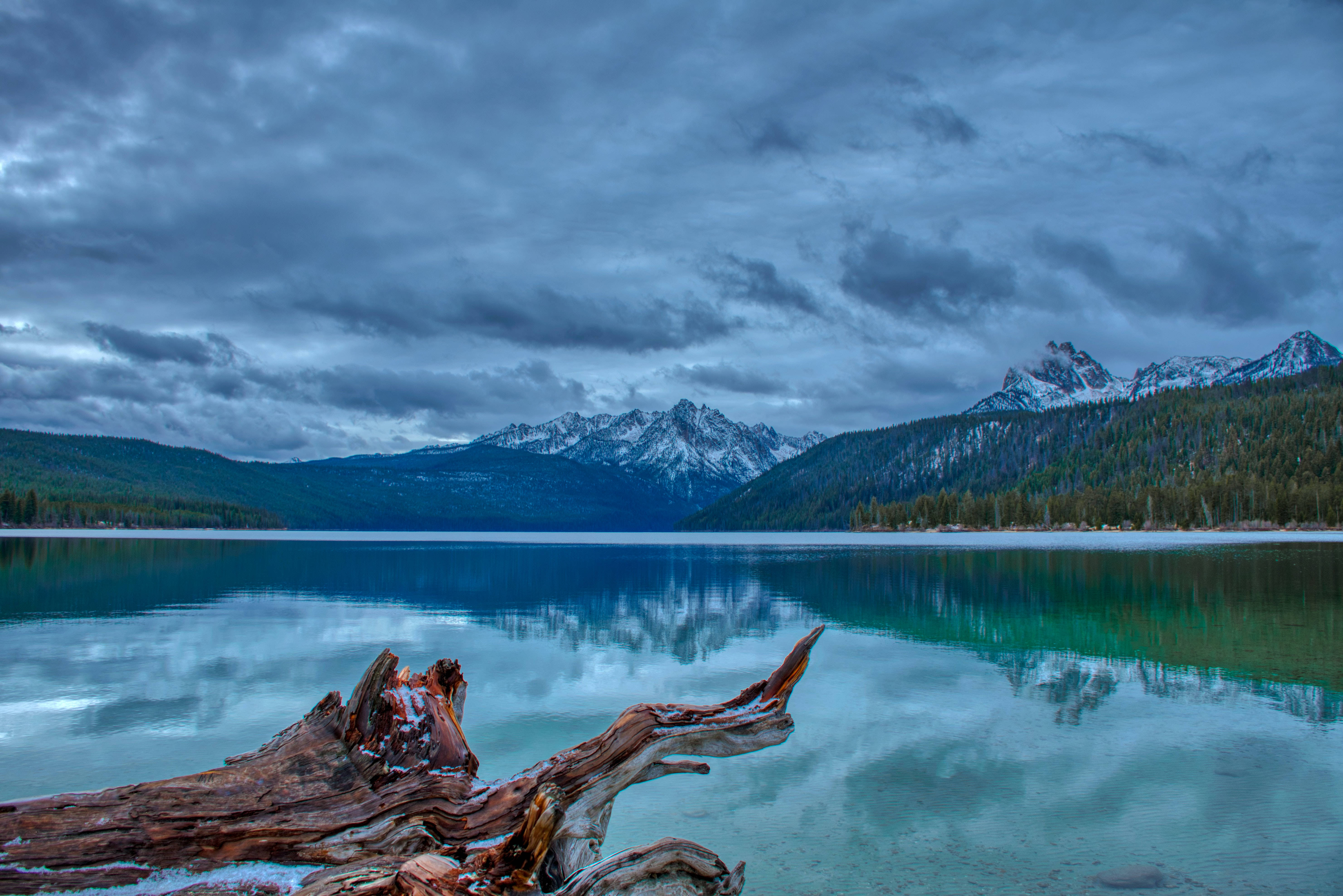 placid lake, Idaho, snow-capped mountains, 5K Desktop Wallpaper