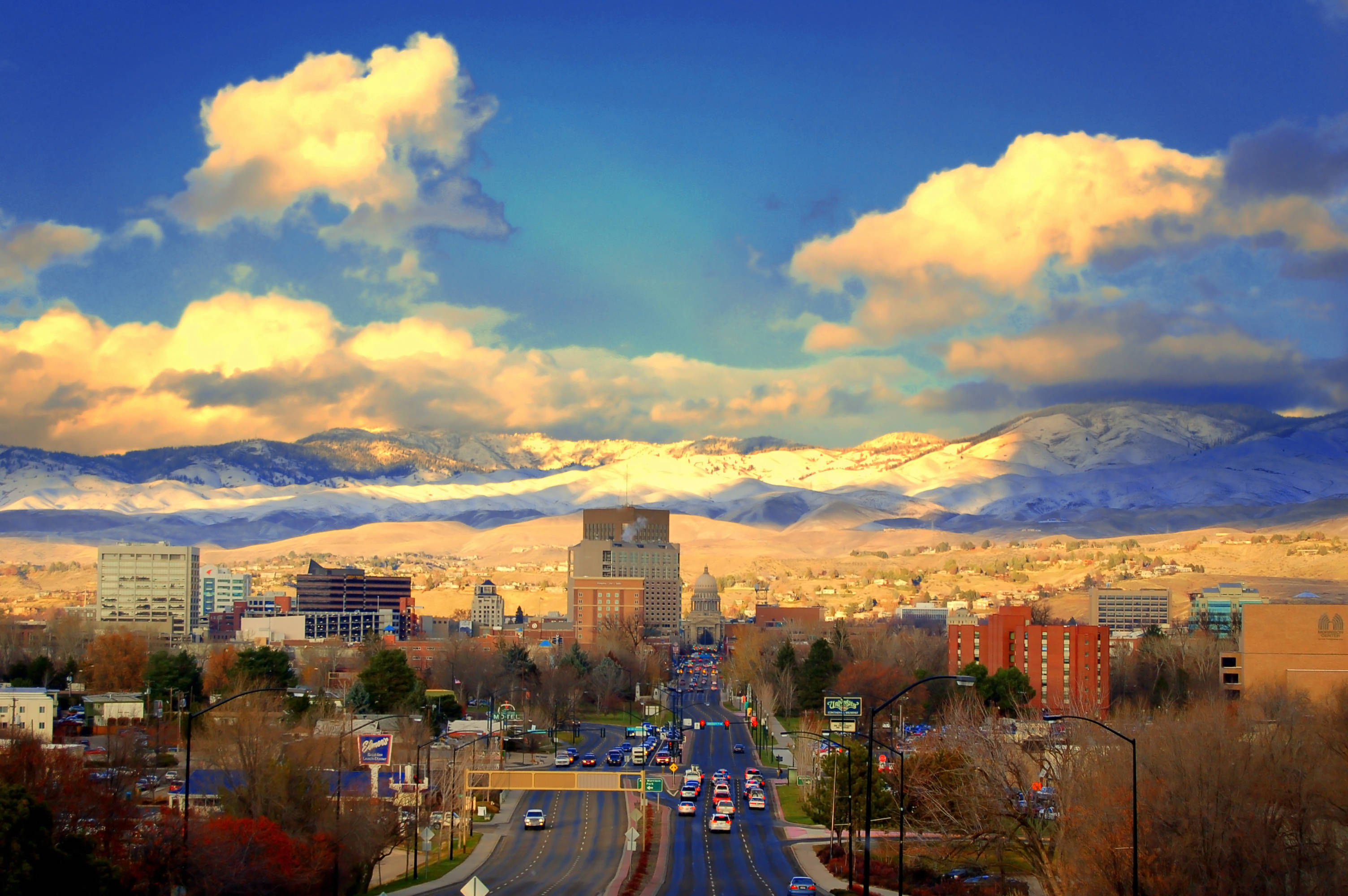 Idaho, golden hour, snow-capped mountains, 2K Desktop Wallpaper