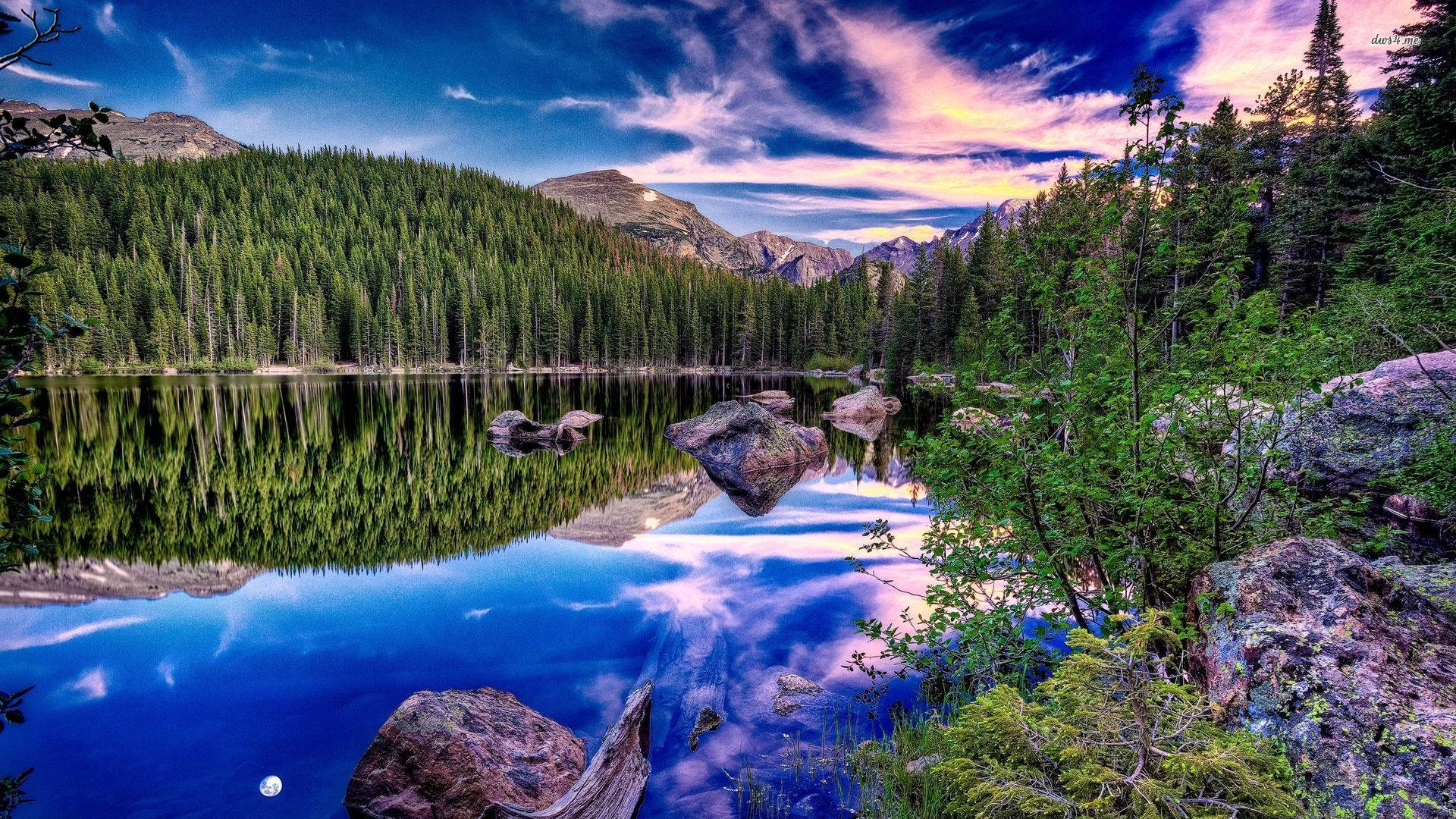 Idaho, mountain lake, vibrant purple and blue sunset, Full HD Desktop Wallpaper