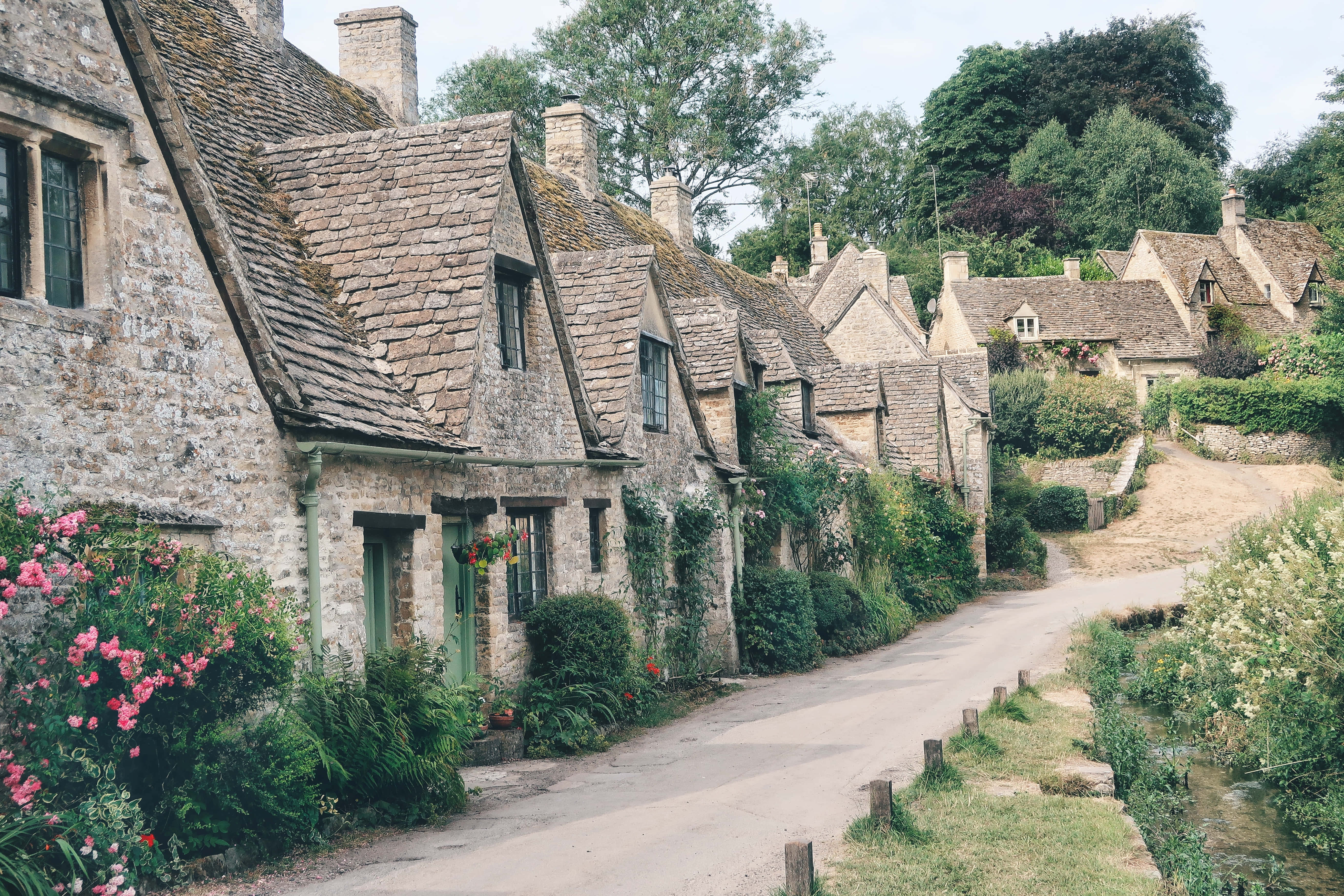 cobblestone lane, stone cottages, mossy roofs, 5K Desktop Wallpaper