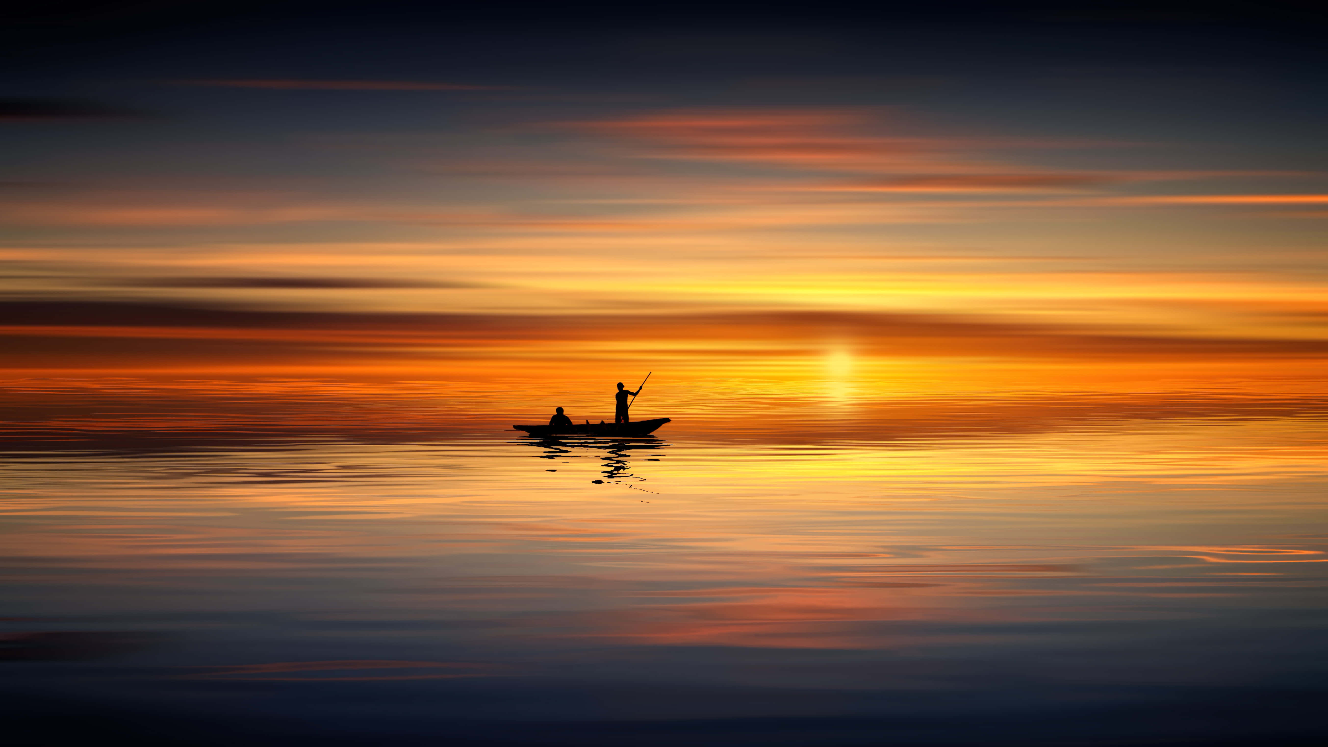 Idyllic Sunset, silhouetted fisherman, small boat, 5K Desktop Wallpaper