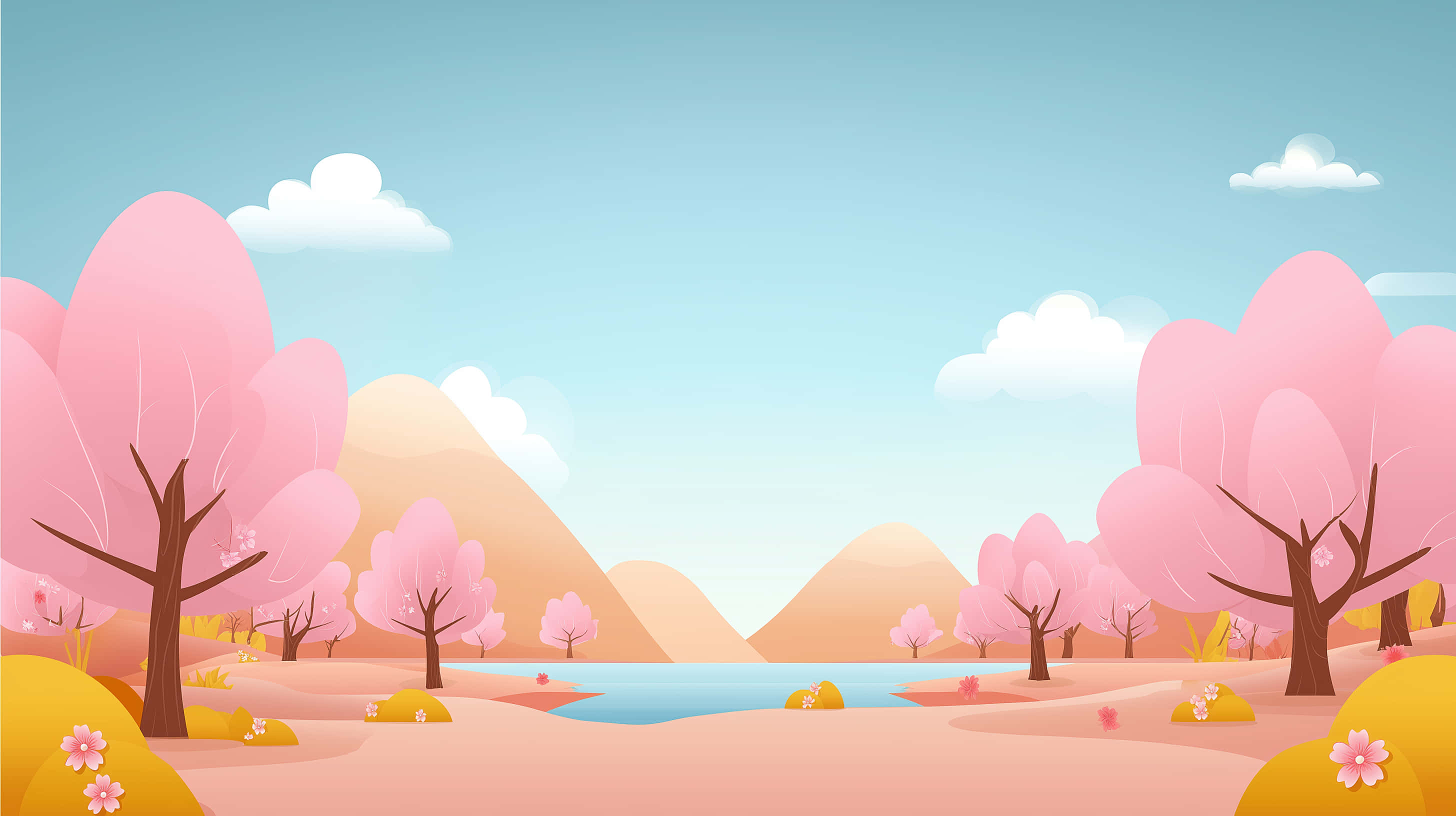 idyllic, watercolor landscape, pink blossom trees, 2K Desktop Wallpaper