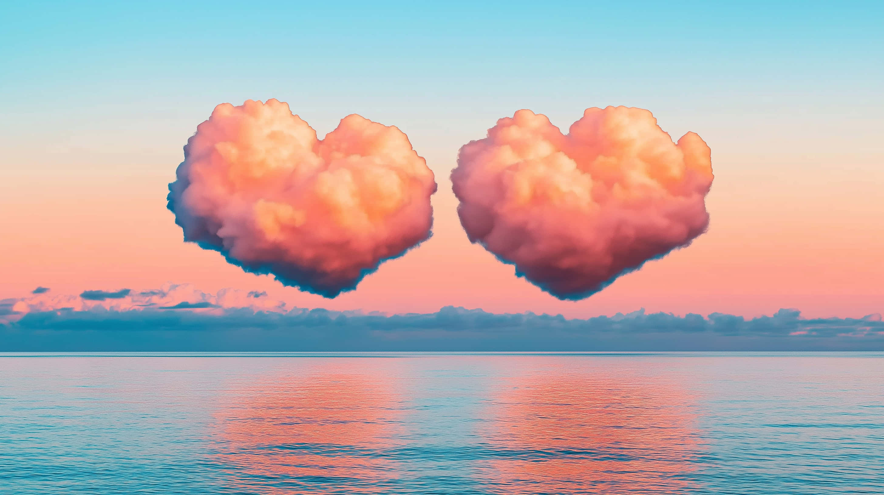 twin heart clouds, calm ocean waters, sunset, 2K Desktop Wallpaper