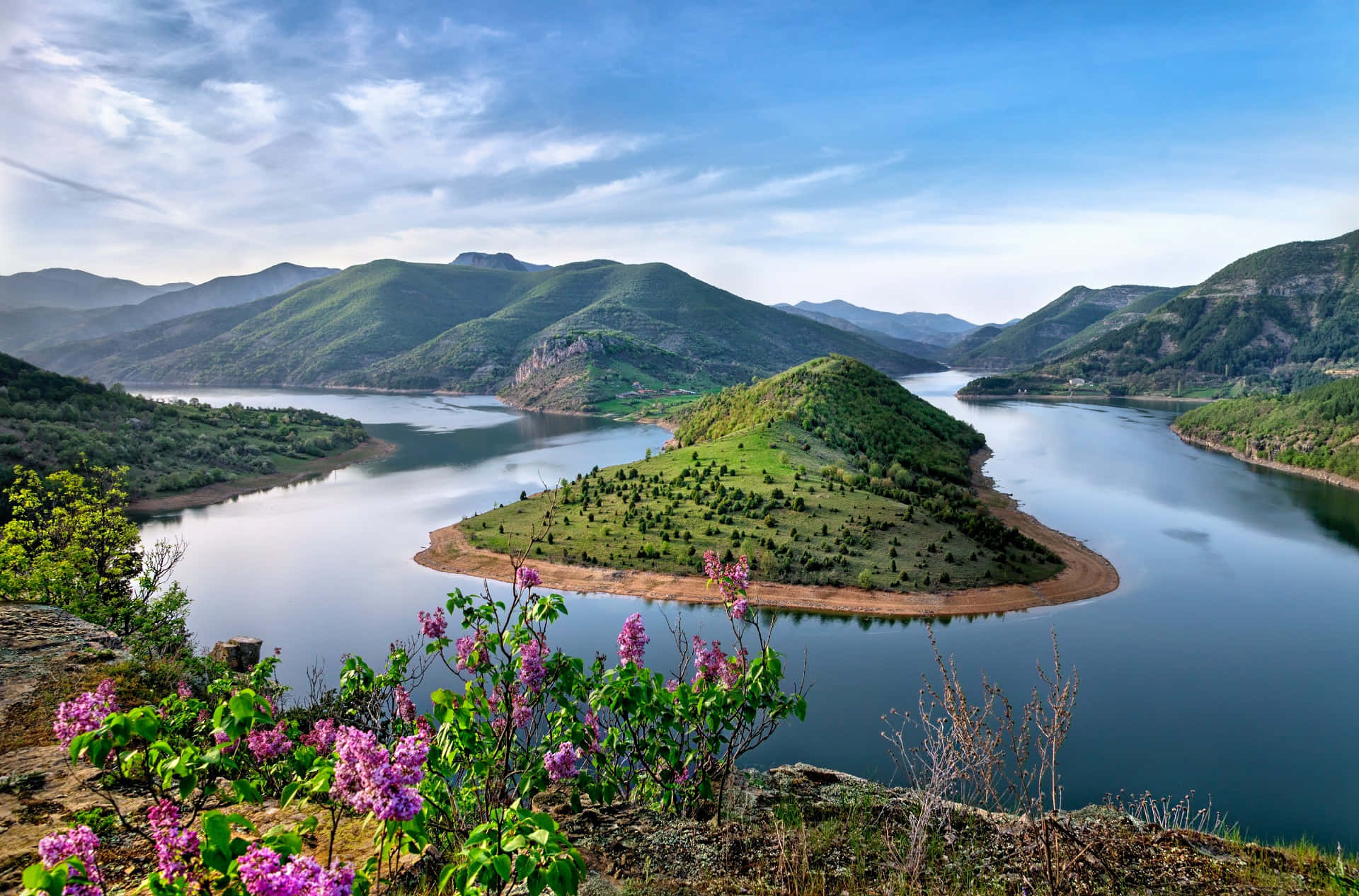 Idyllic Hills, serene lake, rolling green hills, Full HD Desktop Wallpaper