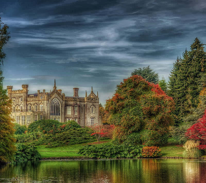 Gothic windows, autumn foliage, calm pond, SD Desktop Wallpaper