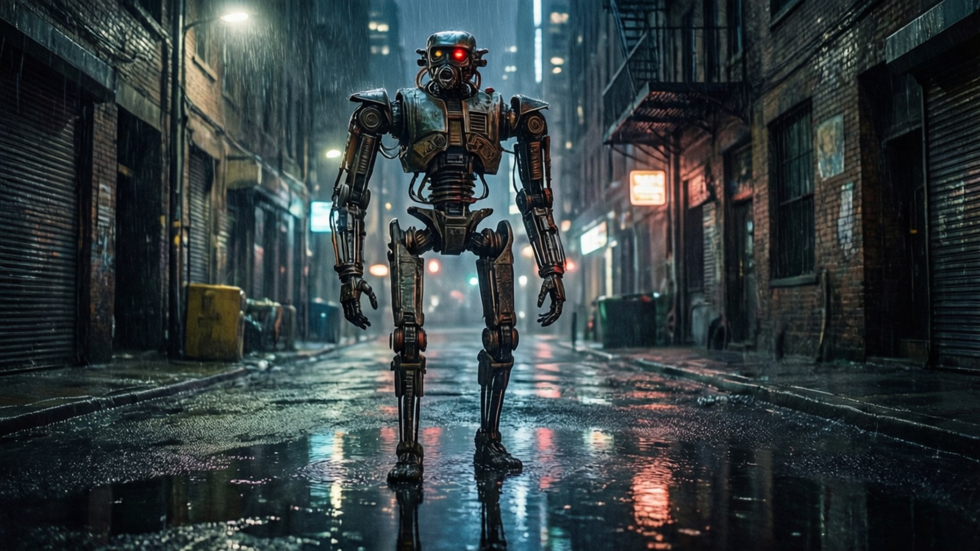 IG-88, rain-soaked alley, city lights, Full HD Desktop Wallpaper