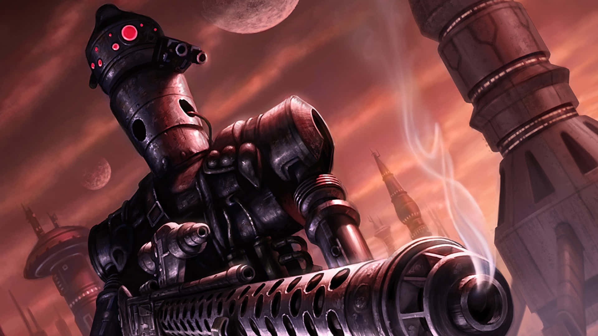 IG-88, glowing red eyes, smoky alien city, Full HD Desktop Wallpaper