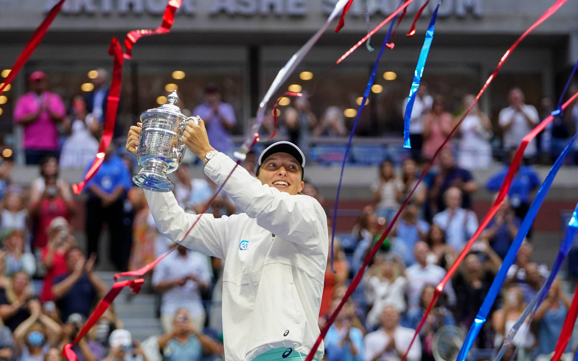 Iga Swiatek, gleaming silver trophy, colorful ribbons, Full HD Desktop Wallpaper
