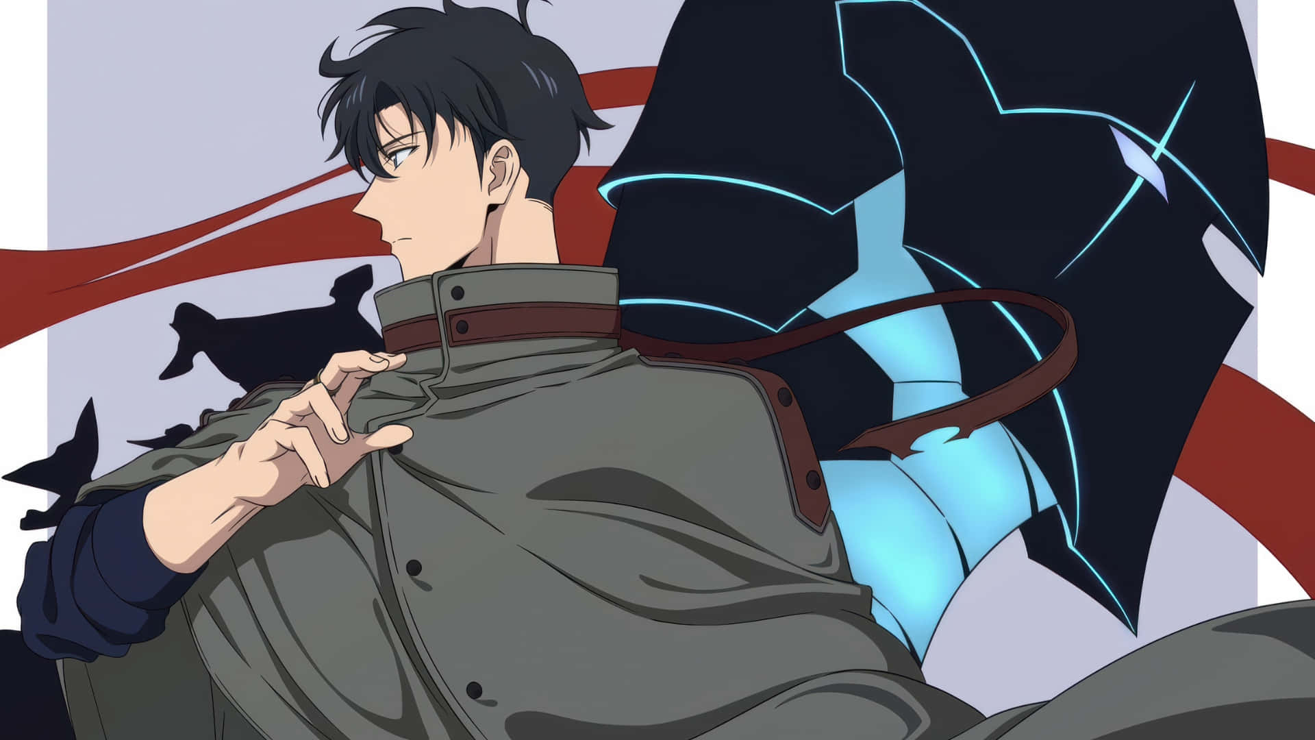 Igris, gray jacket, glowing blue armored figure, Full HD Desktop Wallpaper