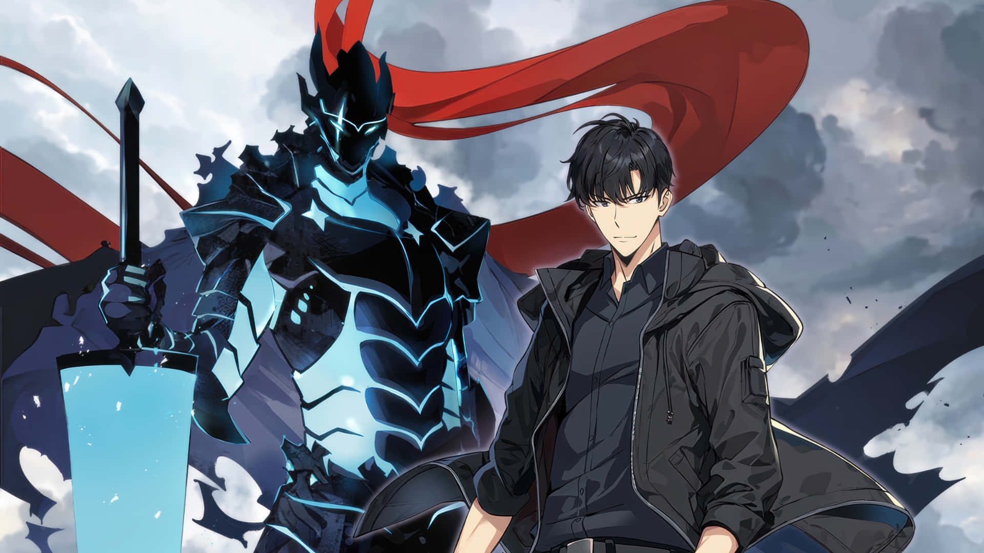 Igris, black jacket, glowing blue armored warrior, Full HD Desktop Wallpaper