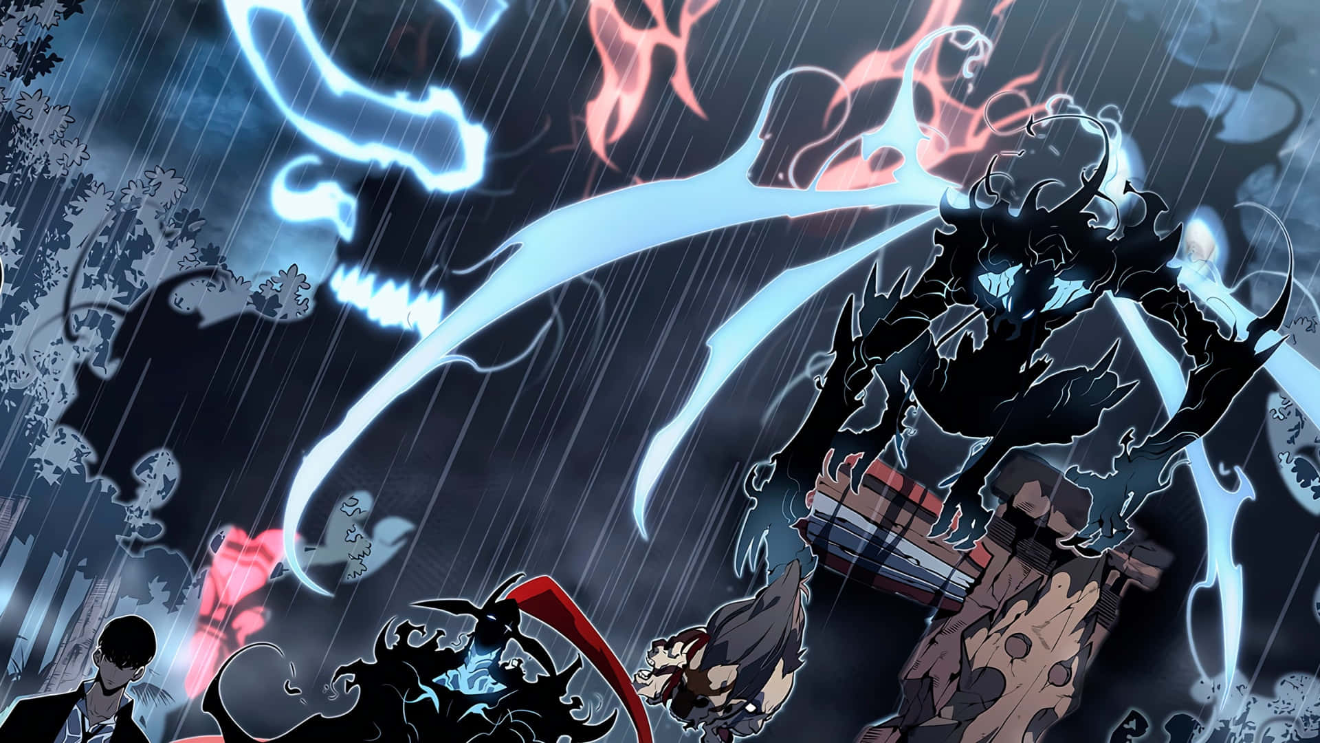 Igris, dark fantasy battle, glowing blue and red energy, Full HD Desktop Wallpaper