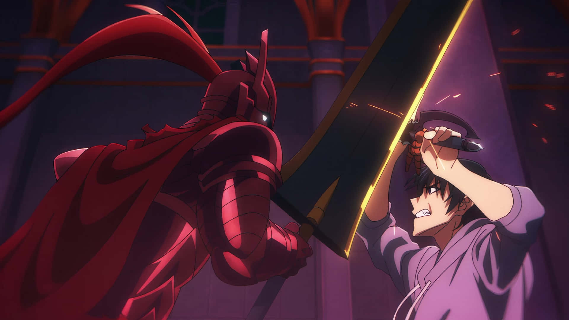 Igris, purple hoodie, glowing sword, Full HD Desktop Wallpaper