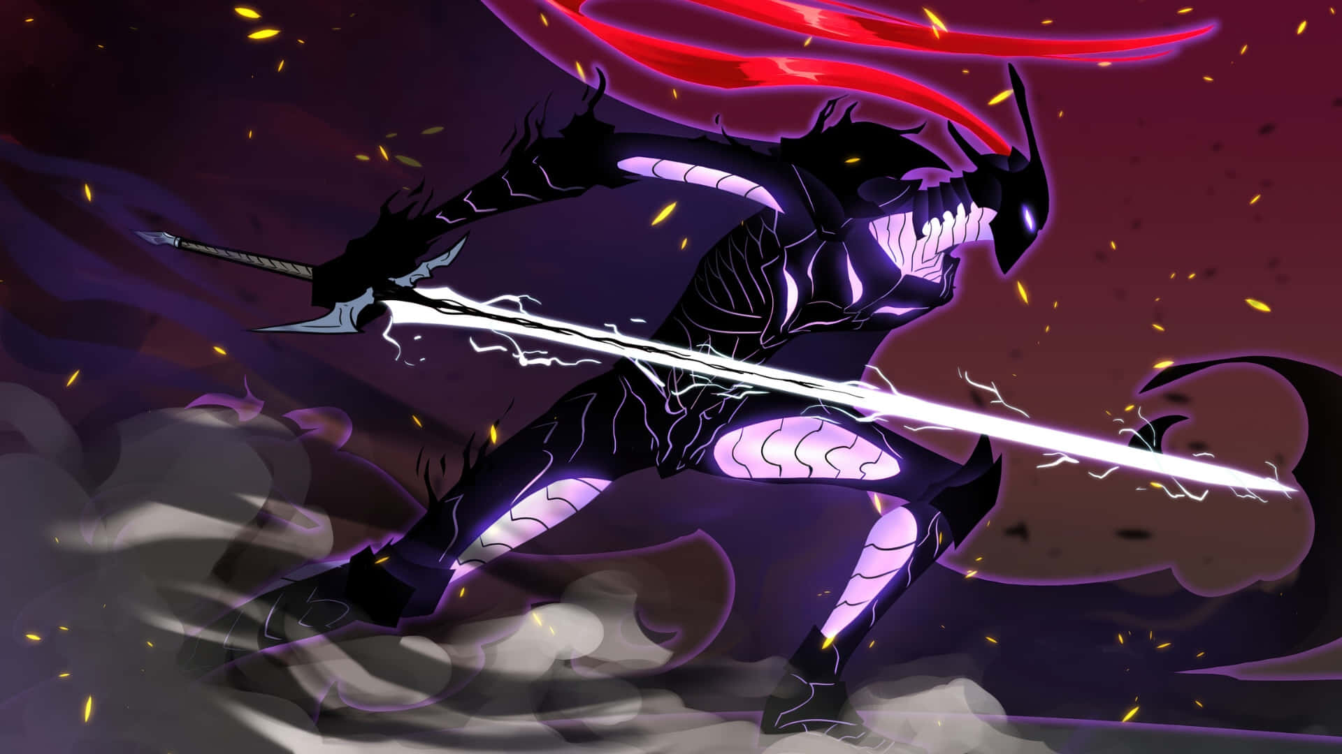 Igris Shadow Warrior, glowing purple veins, bright sword, Full HD Desktop Wallpaper