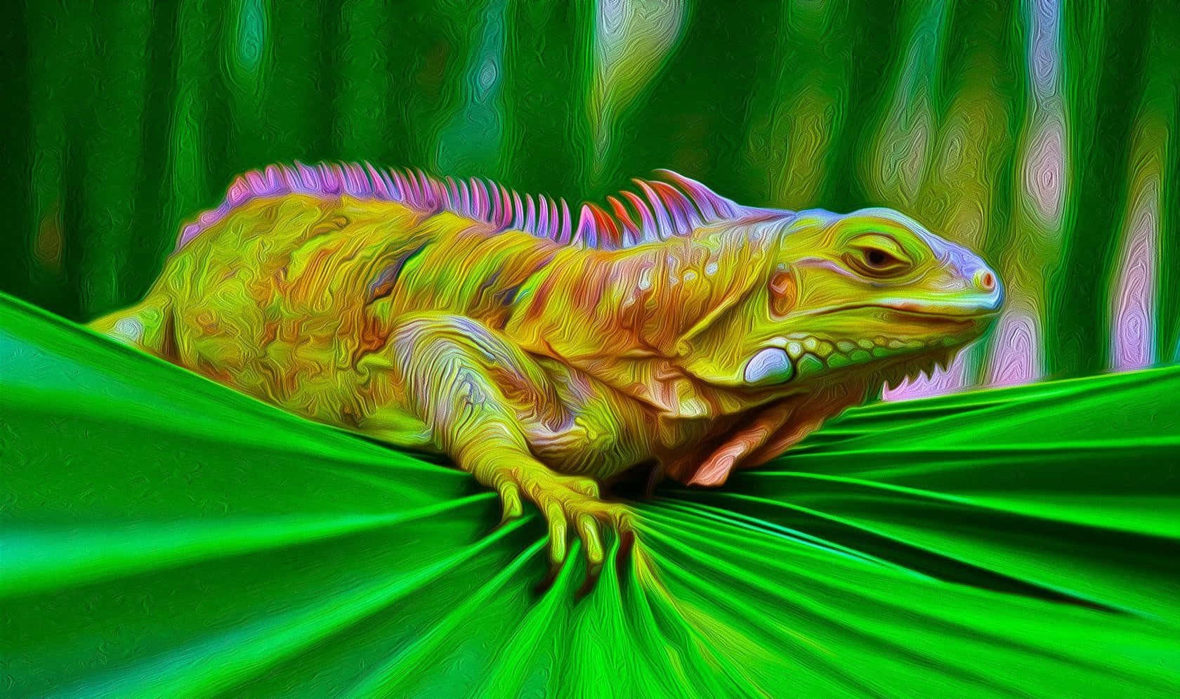 vibrant iguana, lush green leaf, psychedelic swirls, HD Desktop Wallpaper