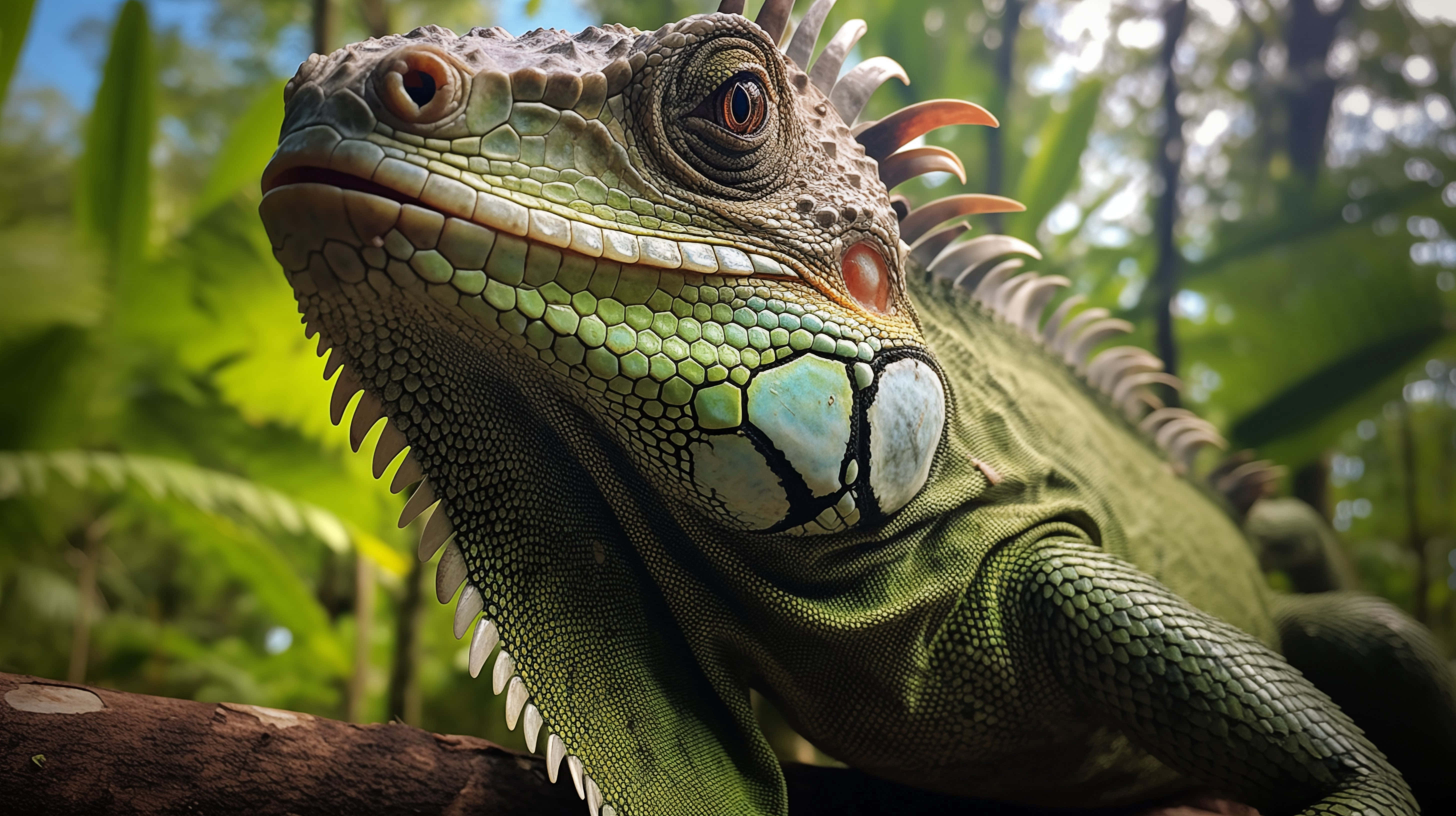 green iguana, spiky crest, blue throat patch, 5K Desktop Wallpaper