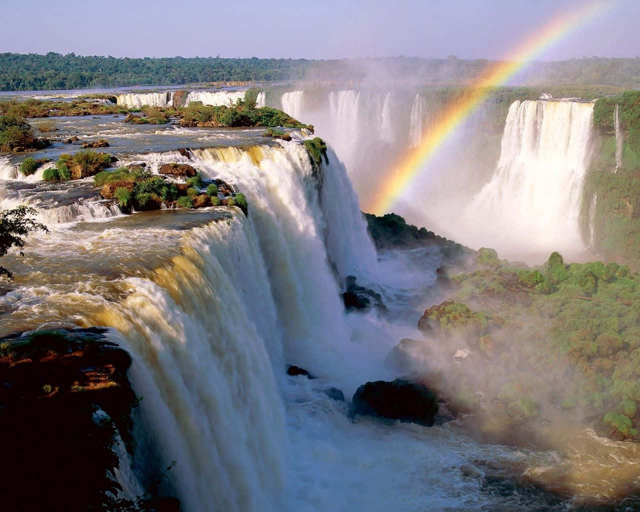 Iguazu Falls, rainbow, lush green jungle, HD Desktop Wallpaper