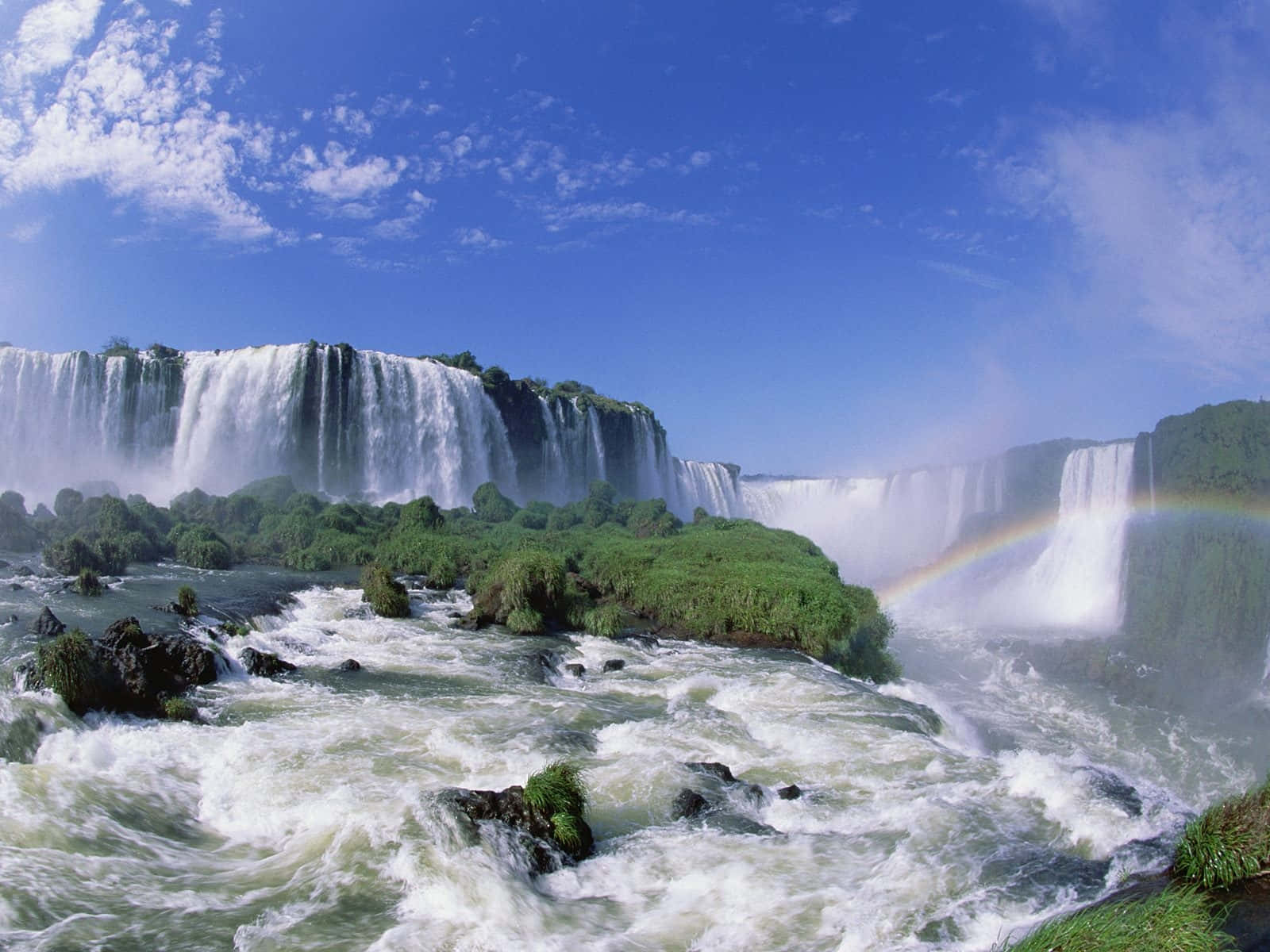 Iguazu Falls, vivid rainbow, lush green cliffs, HD Desktop Wallpaper