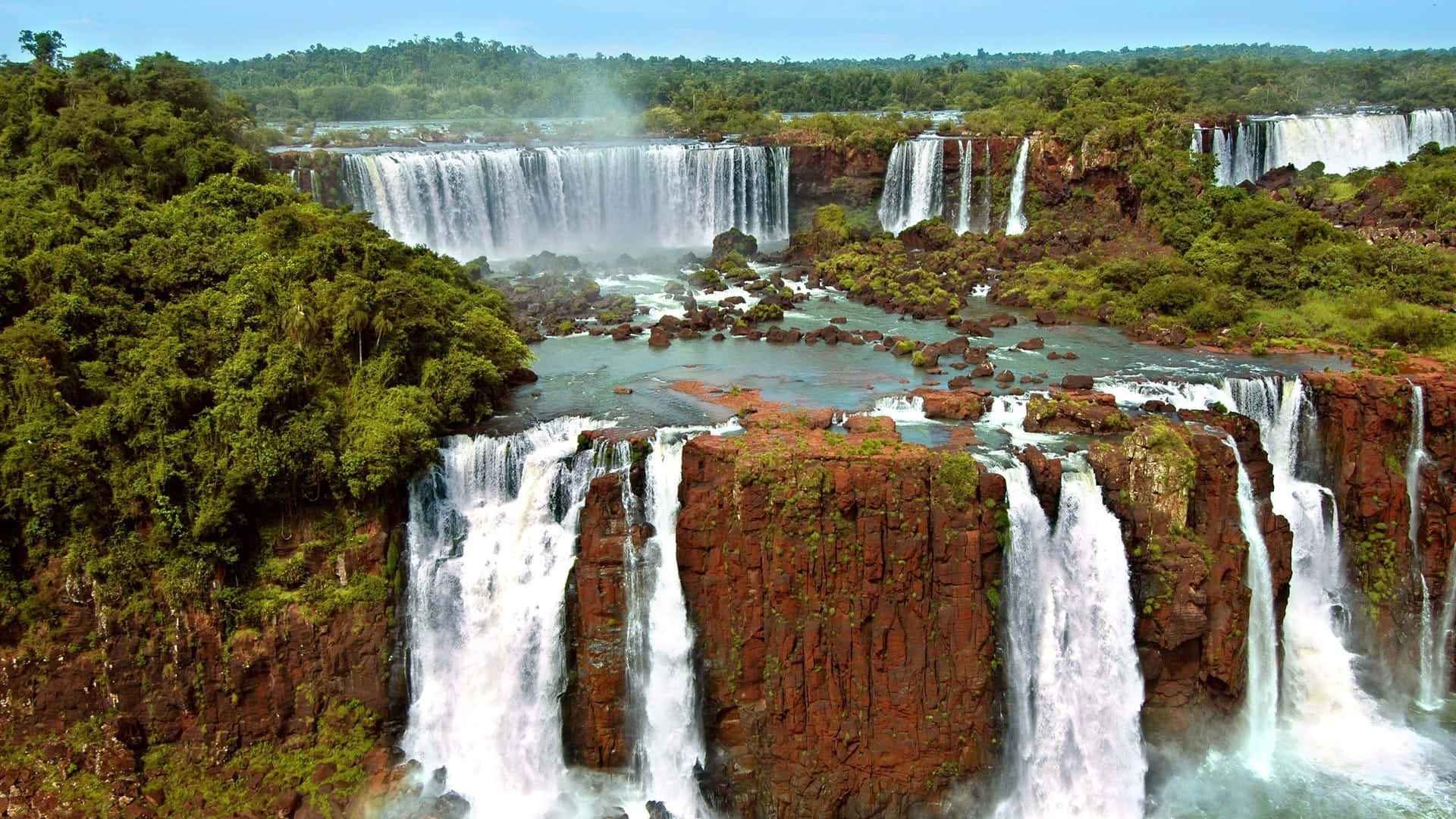 Iguazu Falls, aerial view, red rock cliffs, Full HD Desktop Wallpaper