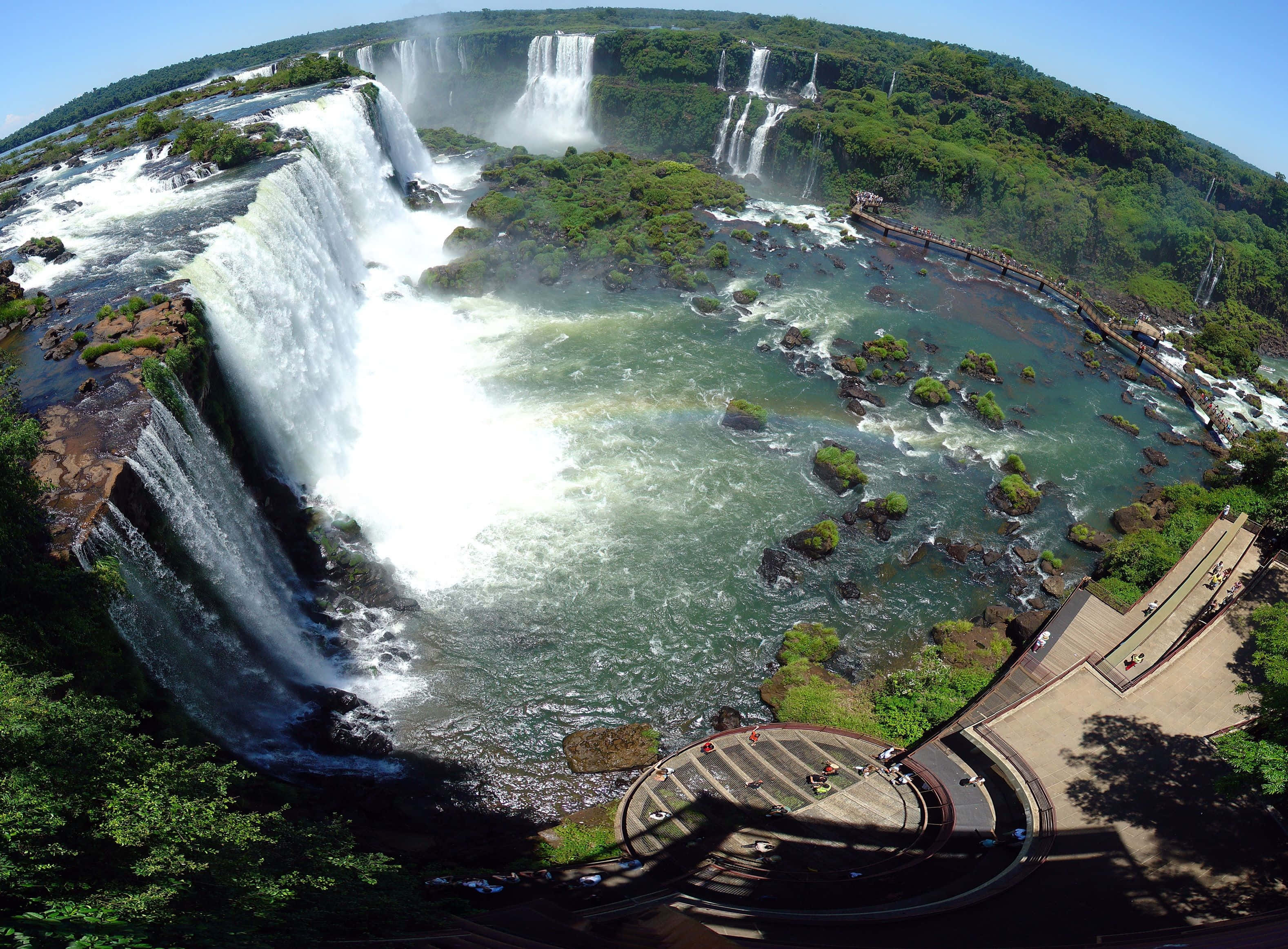 Iguazu Falls, fisheye view, lush green cliffs, 2K Desktop Wallpaper