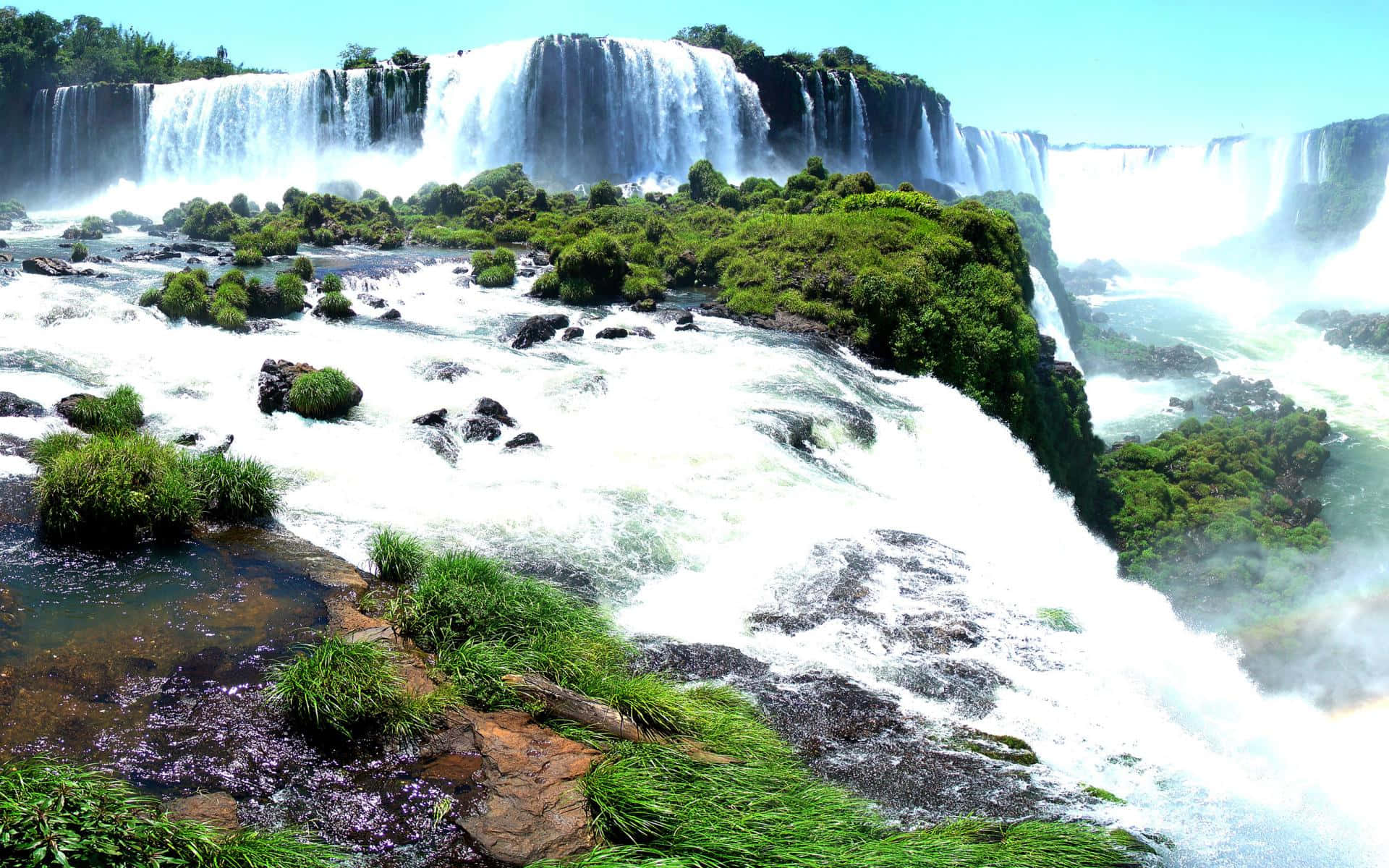 Iguazu Falls, lush green cliffs, turbulent white waters, Full HD Desktop Wallpaper